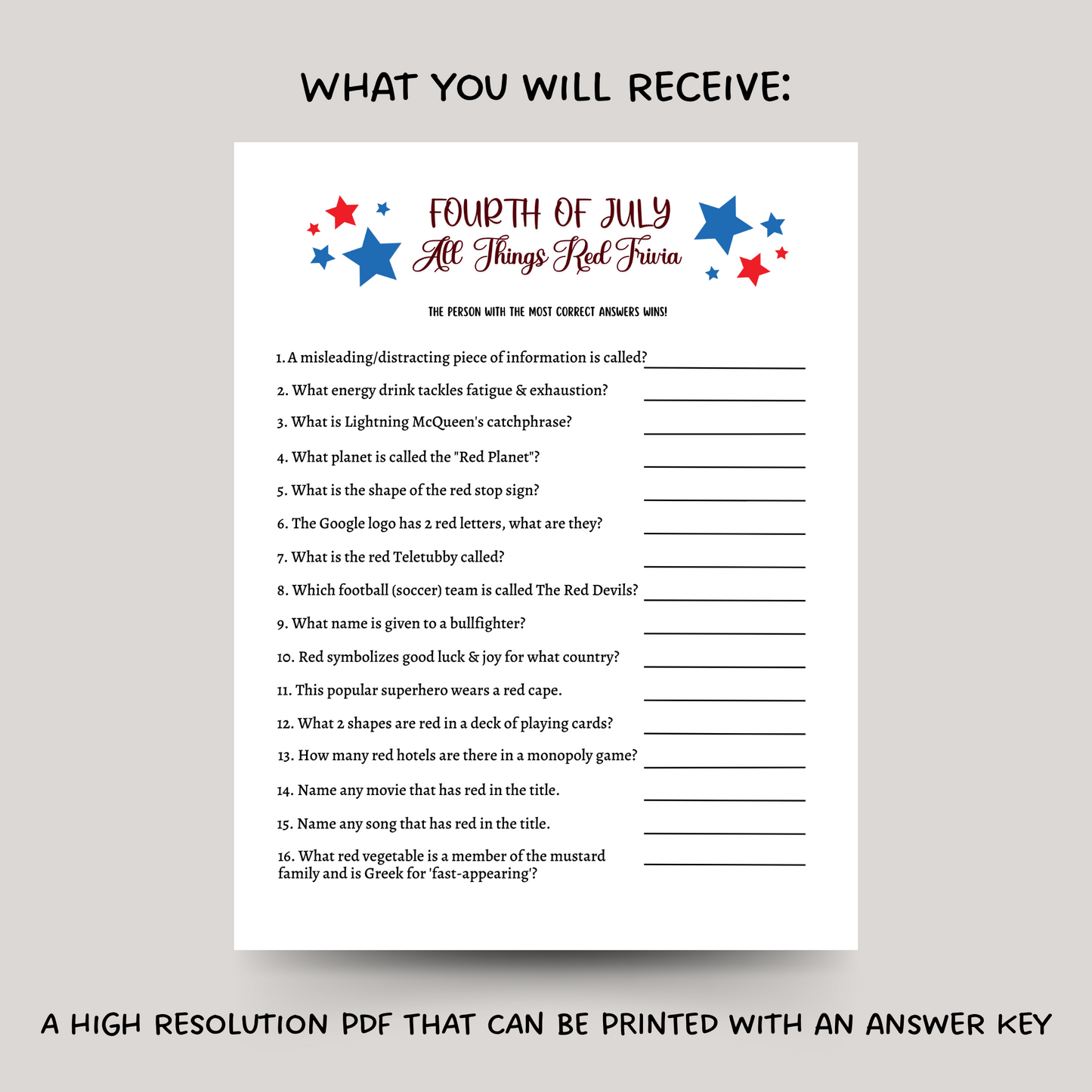 4th of July All Things Red Trivia Game Printable, Family Activity Adults & Kids