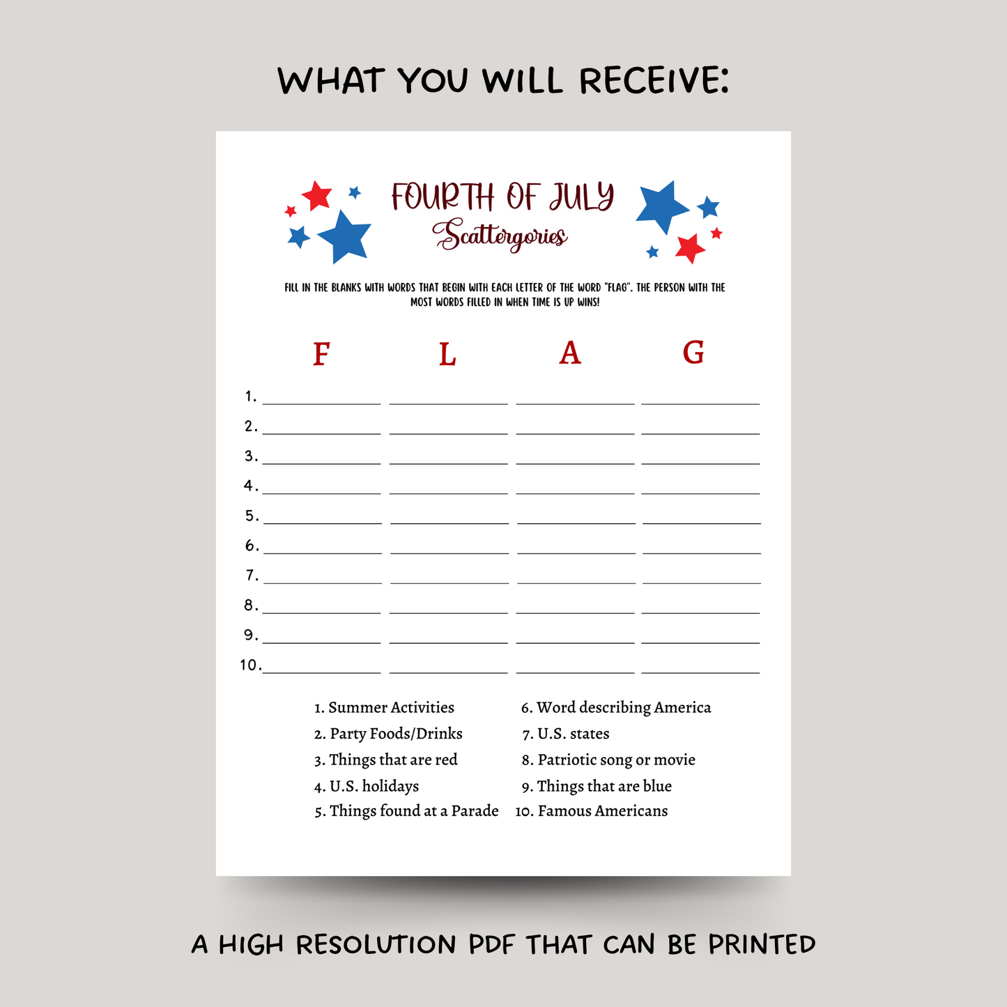 4th of July Scattergories Game Printable, Independence Day Family Activity Adults & Kids