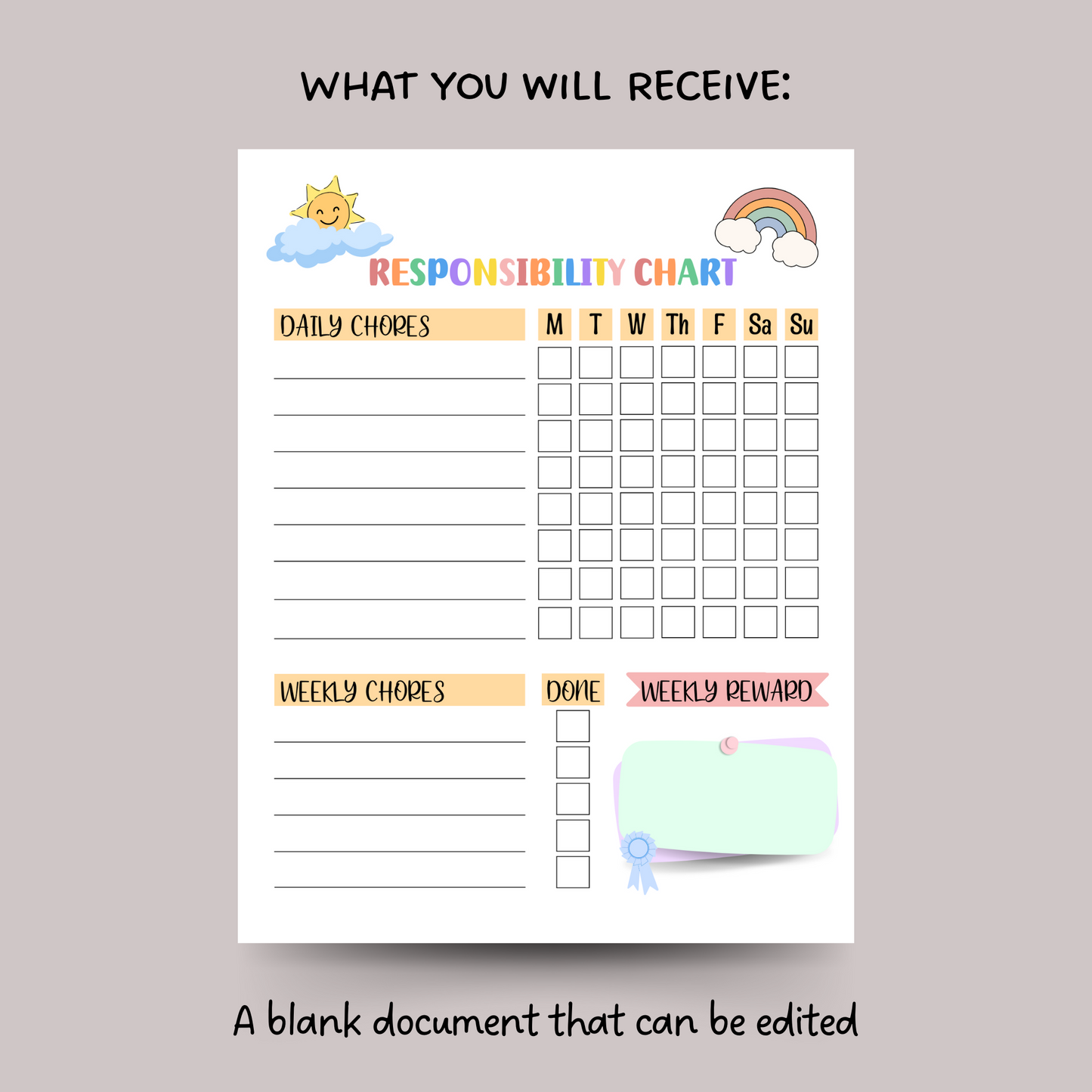 Editable Responsibility Chart For Kids Printable, Chore Chart Daily Checklist