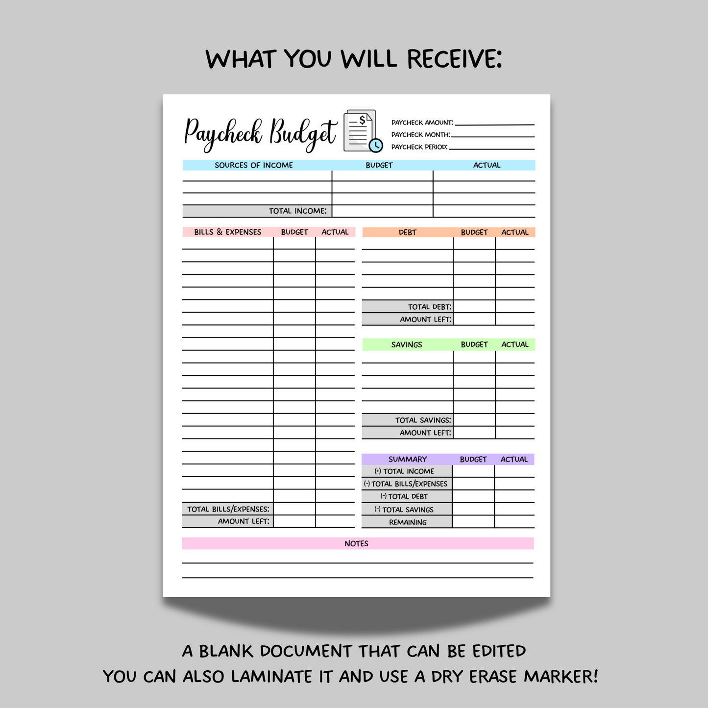 Paycheck Budget Overview Planner Printable, Minimalist Budget Tracker