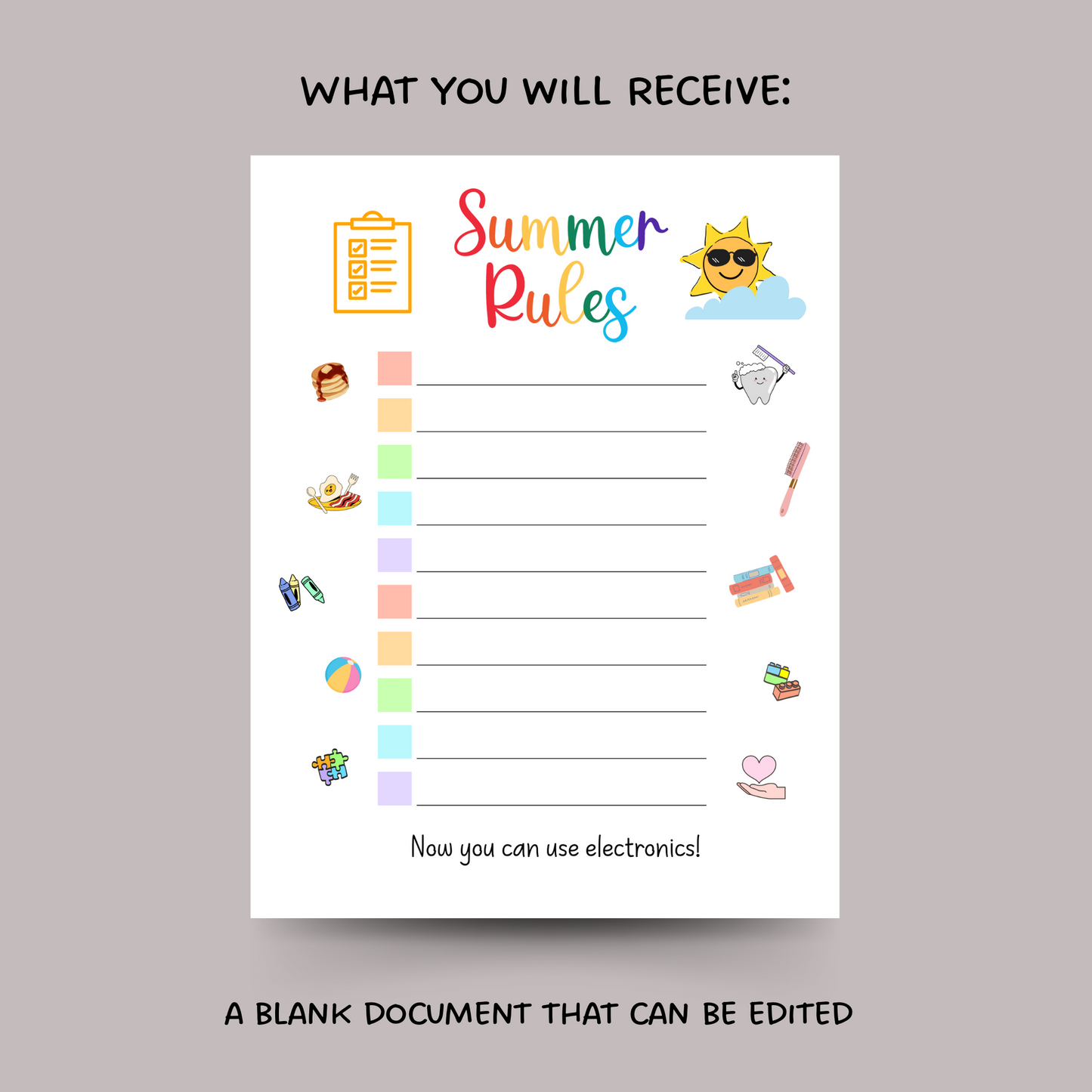 Editable Summer Rules For Kids, Printable Daily Checklist