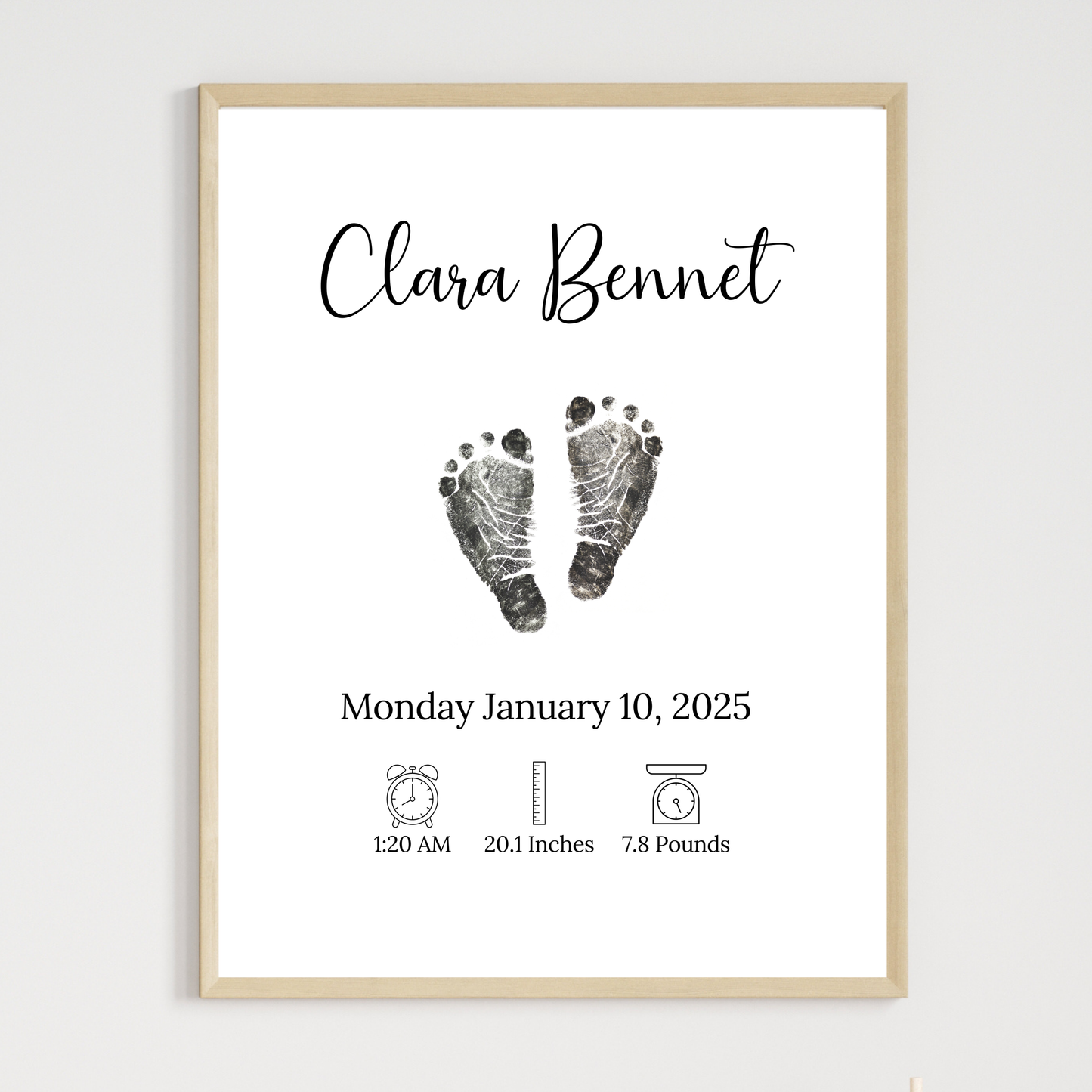 Personalized Baby Birth Announcement Printable, Newborn Footprint DIY Nursery Wall Art