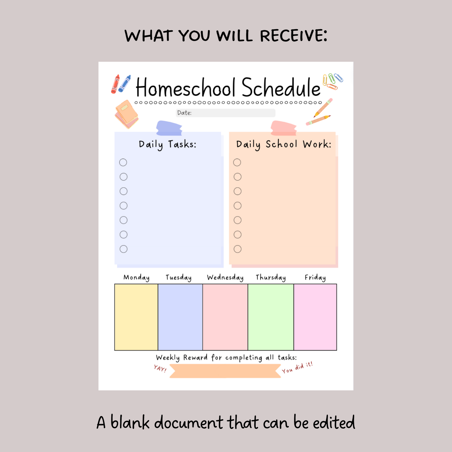 Editable Homeschool Schedule Printable For Kids, Preschool Lesson Planner