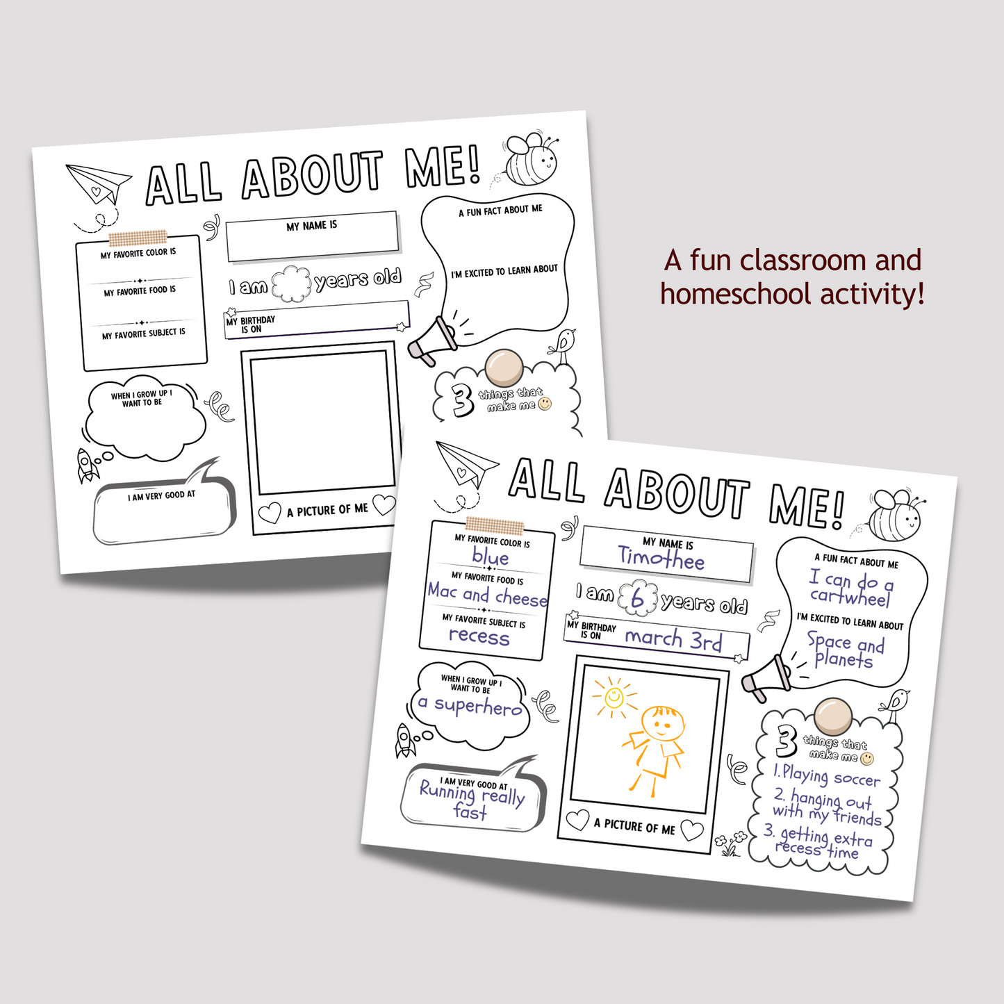 All About Me Coloring Page Printable, First Day of School Activity For Kids Fill In Template Back to School Classroom Homeschool Worksheet