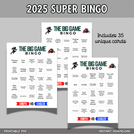 2025 Football Bingo Super Bowl Sunday Big Game Family Watch Party