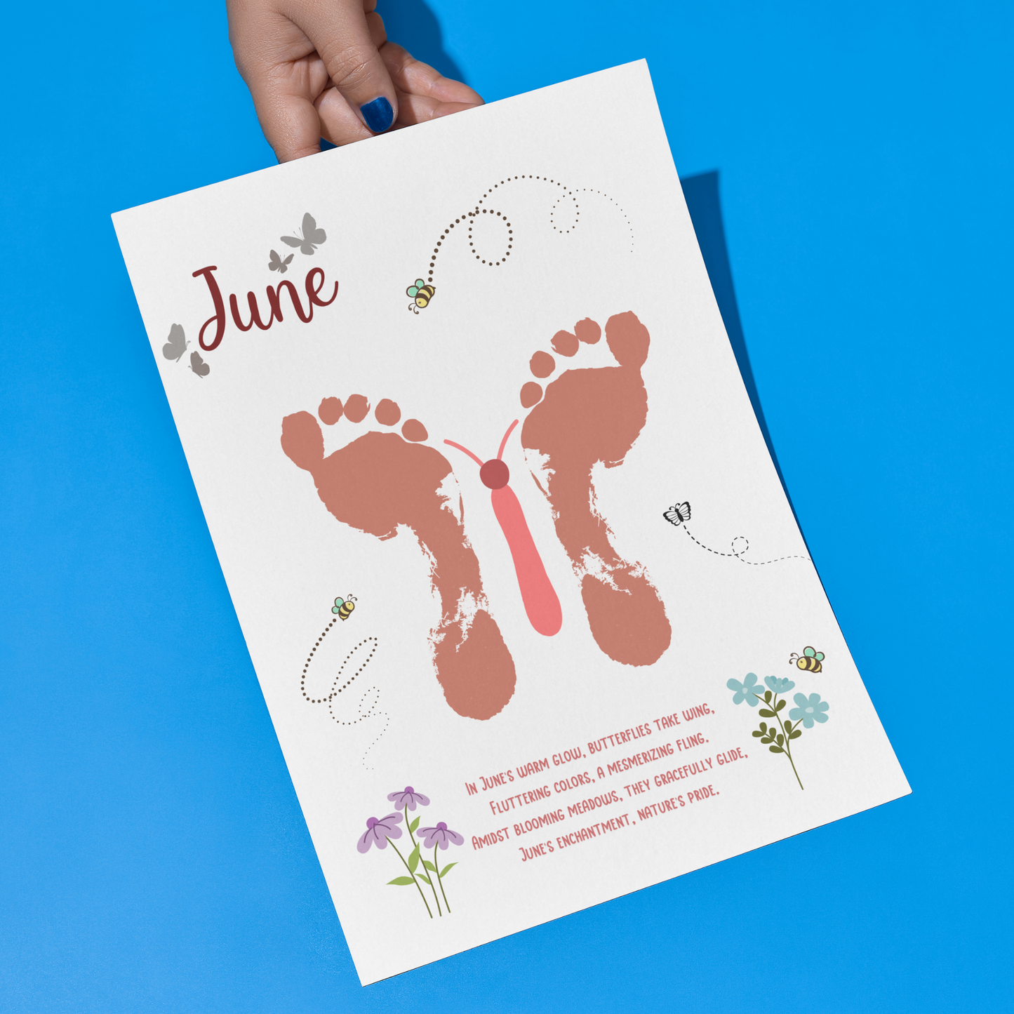 June Handprint Footprint Crafts Printable, DIY Art Kids Preschool Activity, DIY Summer Monthly Keepsakes for Baby Toddler PreK Kindergarten