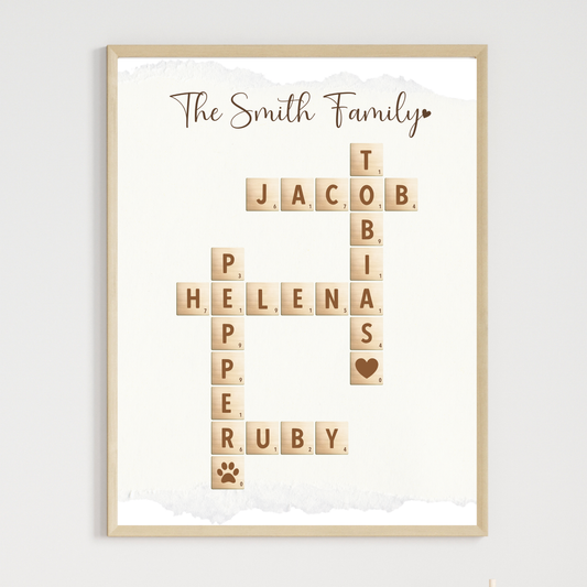 Custom Family Name Poster Printable, Personalized Crossword Scrabble Letter Tile Wall Art Decor