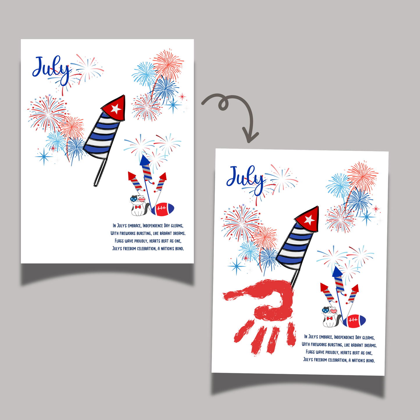 July Handprint Footprint Crafts Printable, DIY Art Kids Preschool Activity Independence Monthly Keepsakes for Baby Toddler PreK Kindergarten
