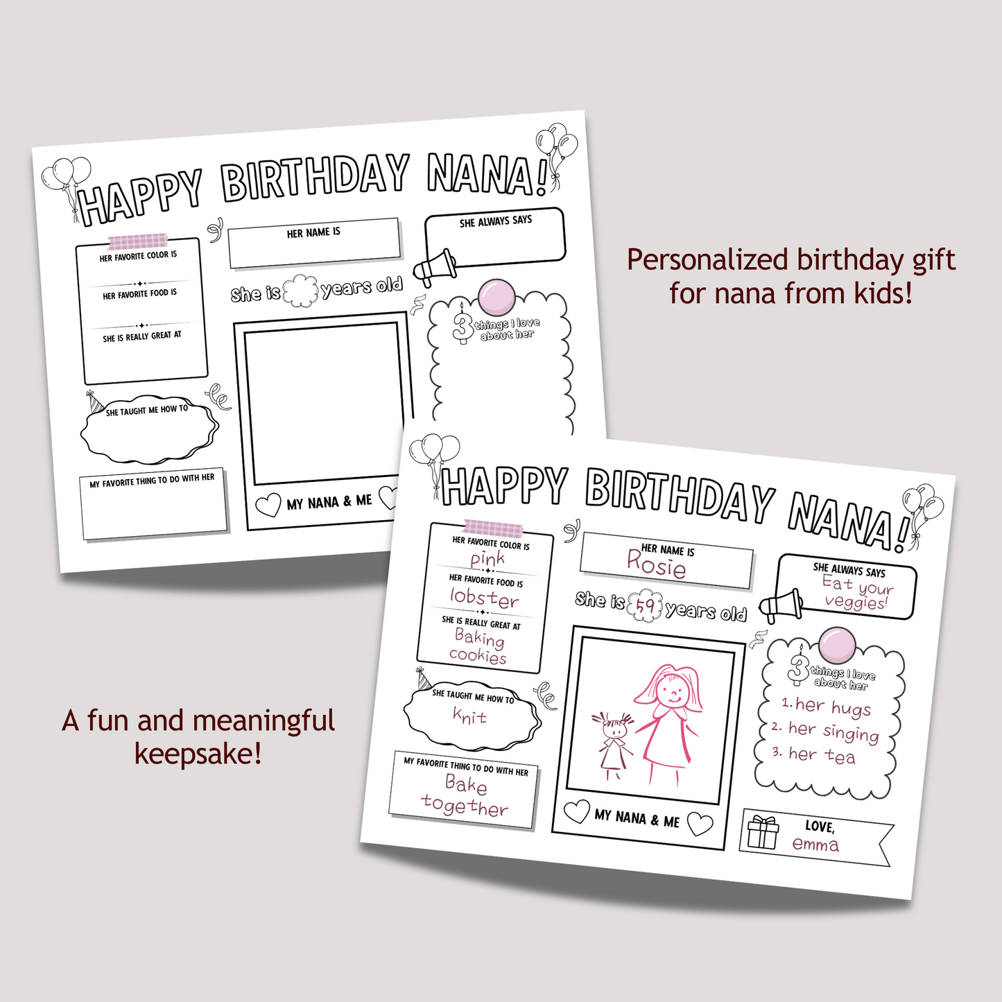 Happy Birthday Nana Coloring Page Printable, DIY Gift from Kids All About Grandma Card