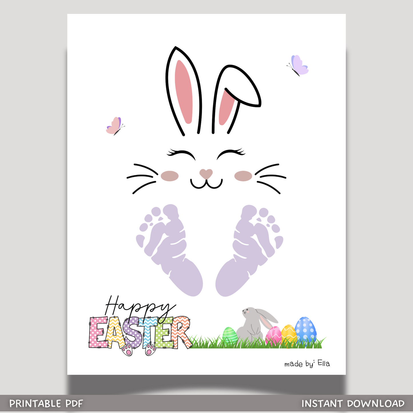 Happy Easter Bunny Footprint Craft for Kids Printable, DIY Handprint Art Keepsake Activity Baby Toddler Preschool Pre-K