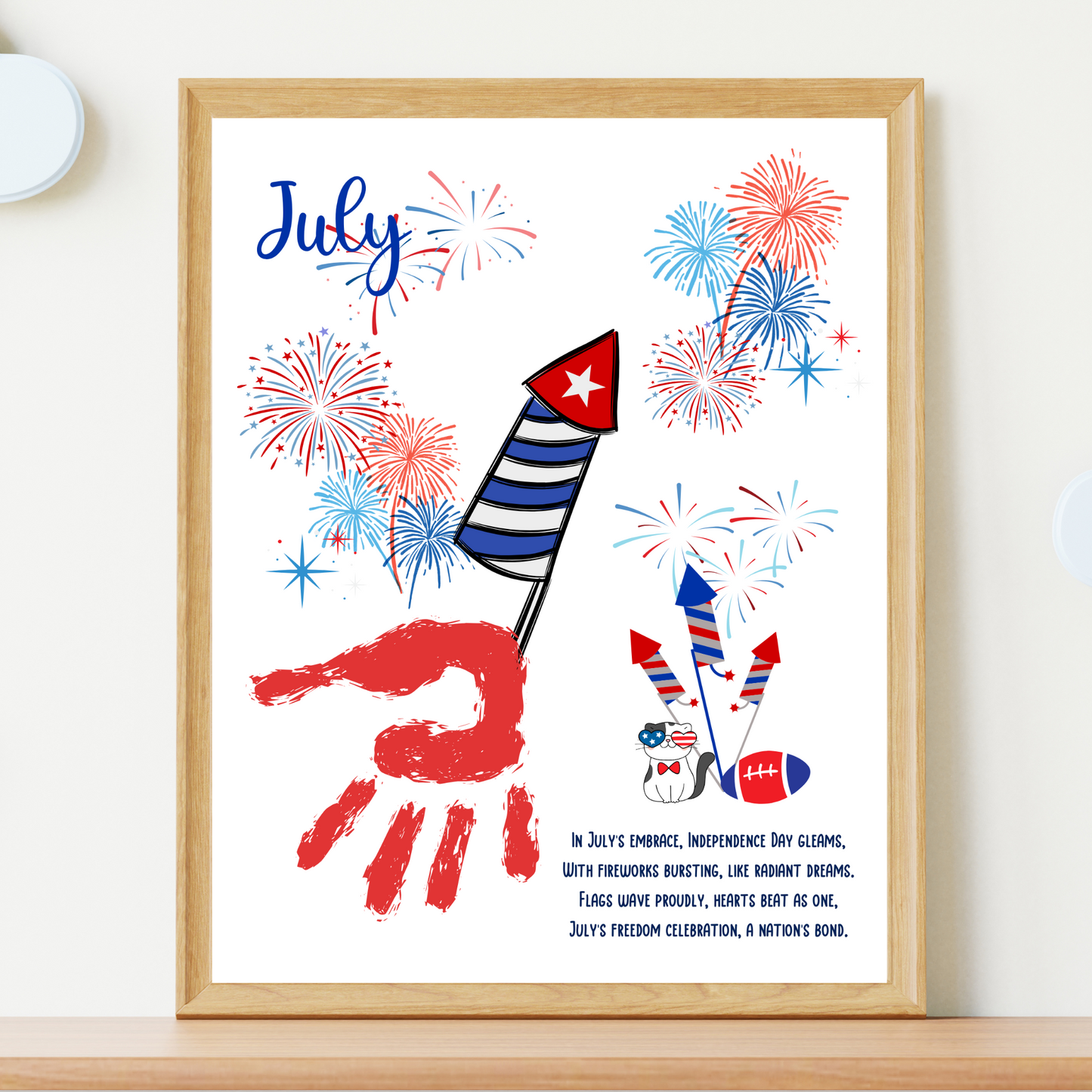 July Handprint Footprint Crafts Printable, DIY Art Kids Preschool Activity Independence Monthly Keepsakes for Baby Toddler PreK Kindergarten