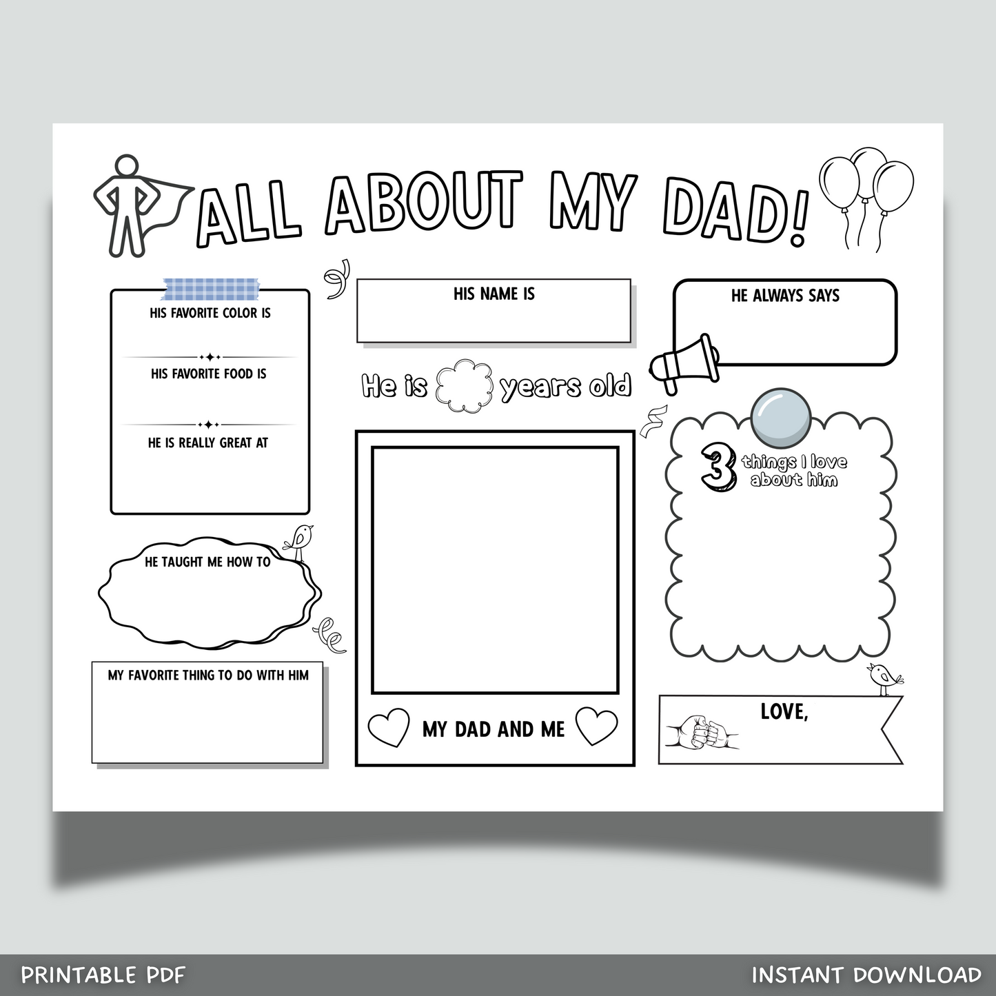 All About My Dad Survey Printable, Fathers Day Card Questionnaire Gift Ideas Personalized Keepsake