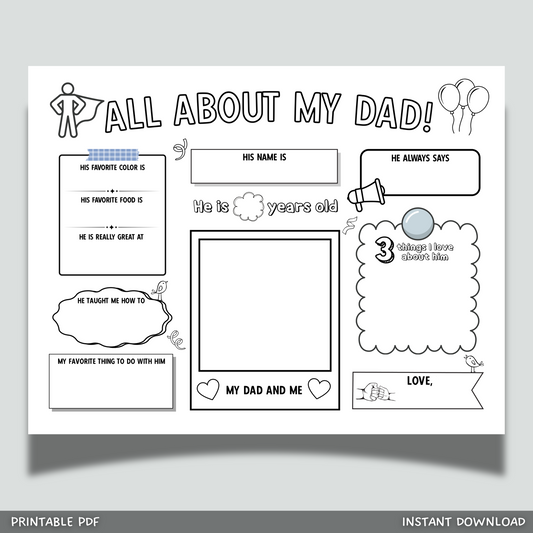 All About My Dad Survey Printable, Fathers Day Card Questionnaire Gift Keepsake
