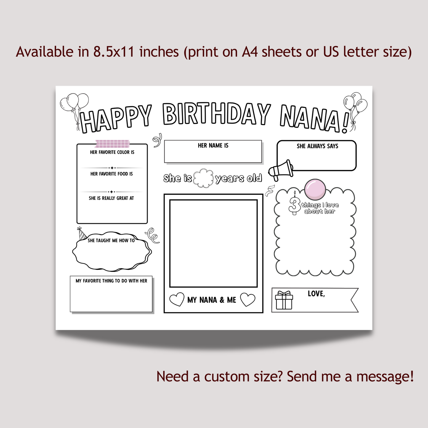 Happy Birthday Nana Coloring Page Printable, DIY Gift from Kids All About Grandma Card