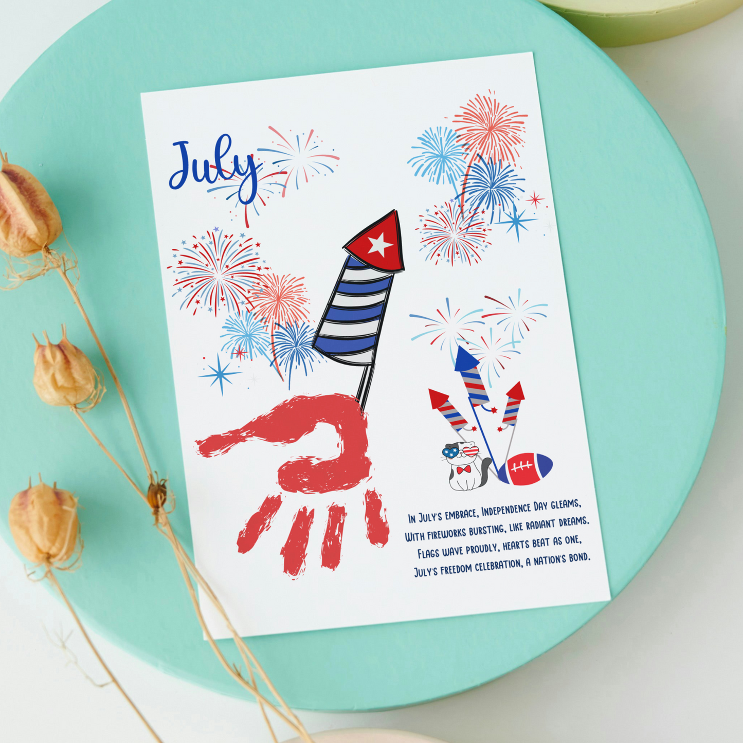 July Handprint Footprint Crafts Printable, DIY Art Kids Preschool Activity Independence Monthly Keepsakes for Baby Toddler PreK Kindergarten