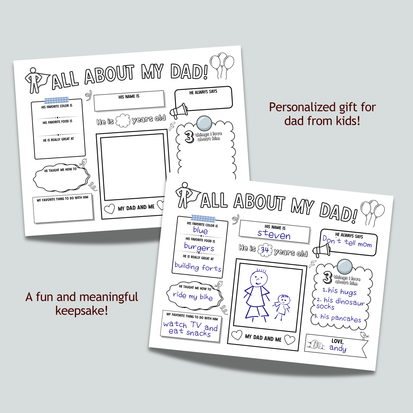 All About My Dad Survey Printable, Fathers Day Card Questionnaire Gift Ideas Personalized Keepsake