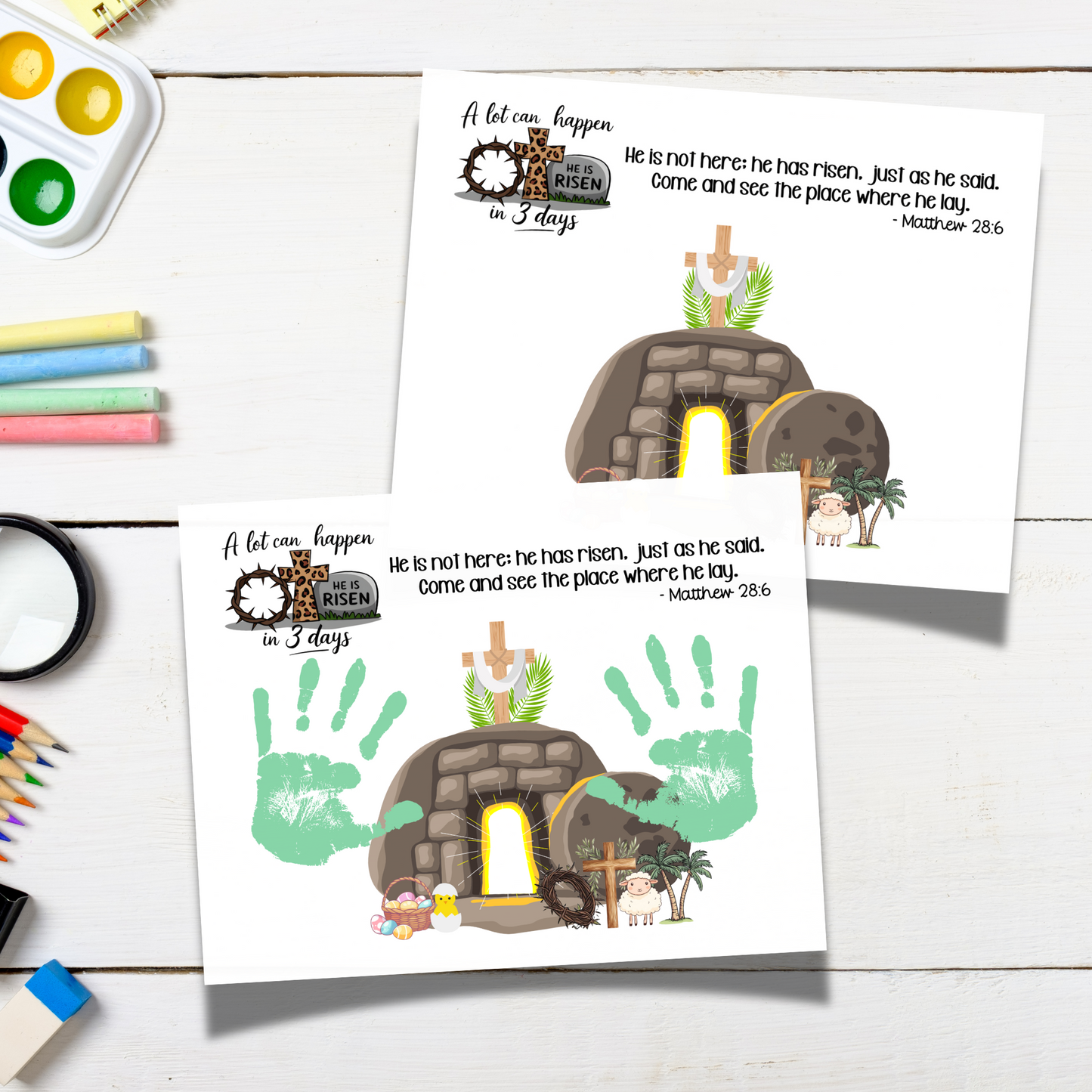 He Is Risen Christian Easter Handprint Craft Printable Jesus DIY Art for Kids Sunday School Preschool Toddler Activity