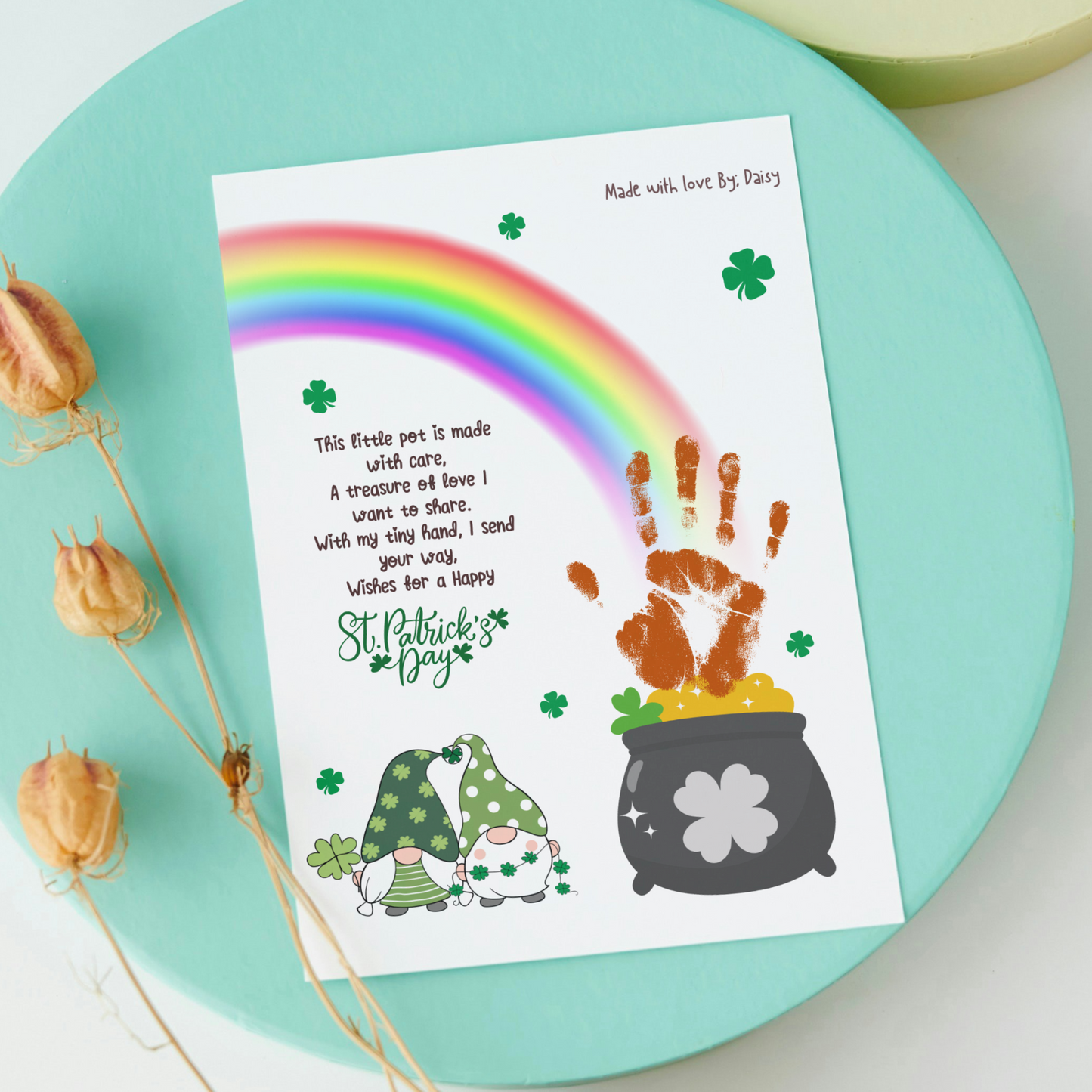 St Patricks Day Pot of Gold Poem Handprint Craft Printable, DIY Art Keepsake for Kids Baby Toddler Activity Preschool Daycare Kindergarten