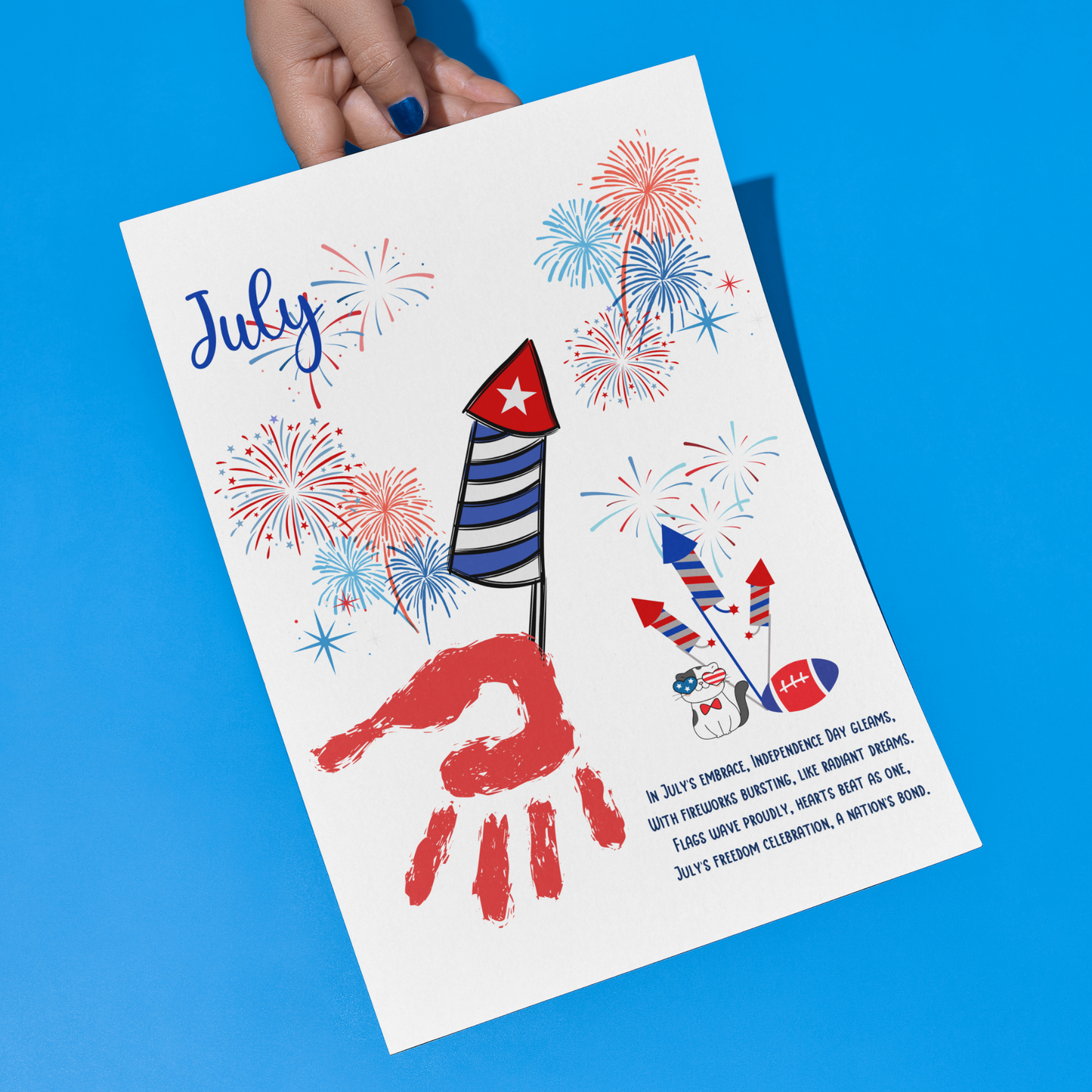 July Handprint Footprint Crafts Printable, DIY Art Kids Preschool Activity Independence Monthly Keepsakes for Baby Toddler PreK Kindergarten