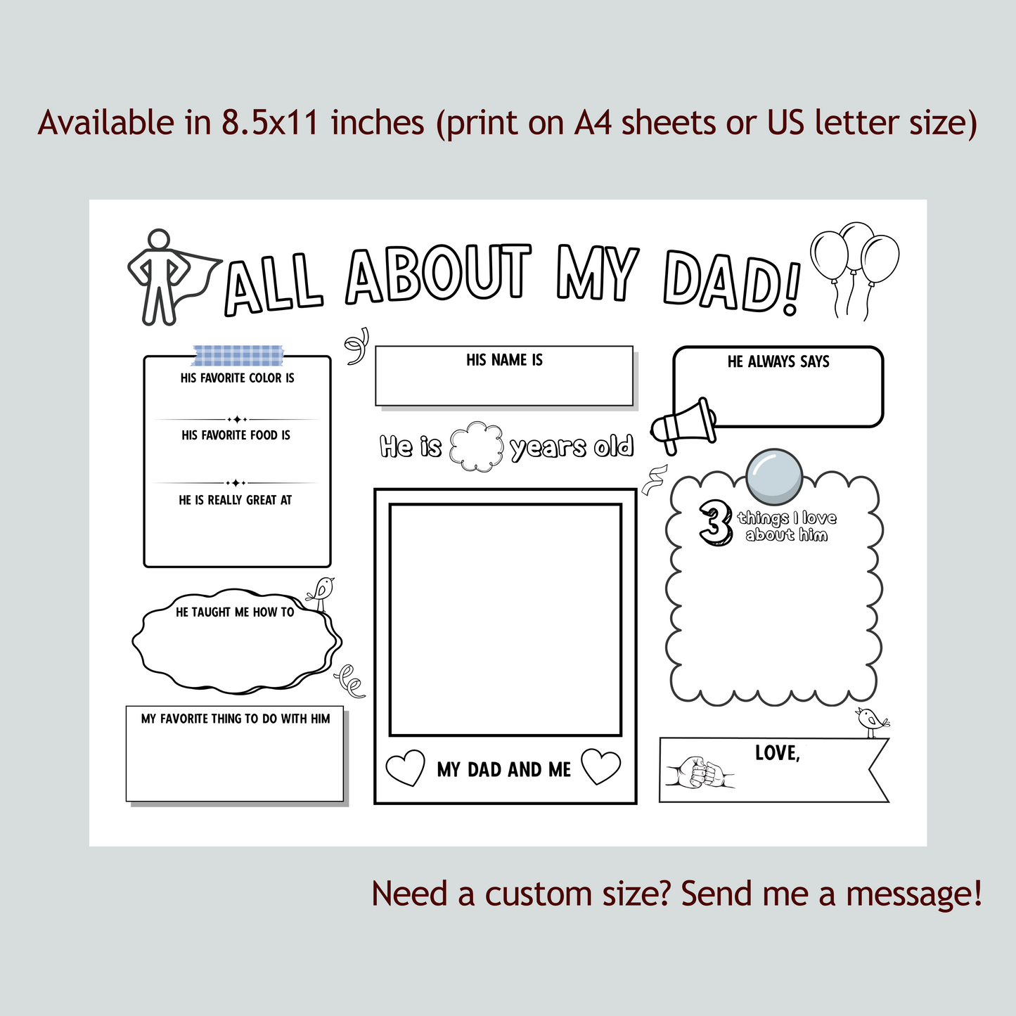 All About My Dad Survey Printable, Fathers Day Card Questionnaire Gift Ideas Personalized Keepsake