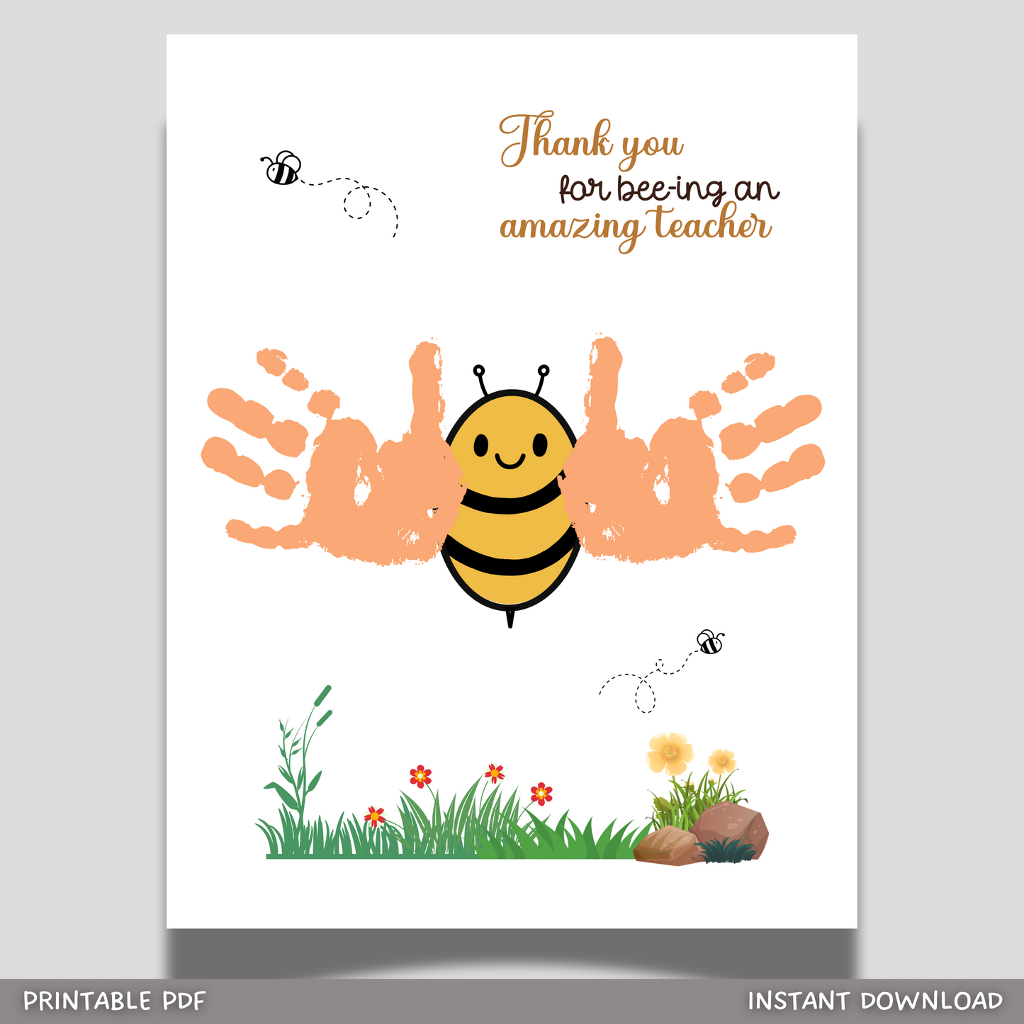 Teacher Appreciation Handprint Craft Kids Printable, DIY End of Year Gift Keepsake Bee Art for Pre-K Kindergarten Preschool End Of School