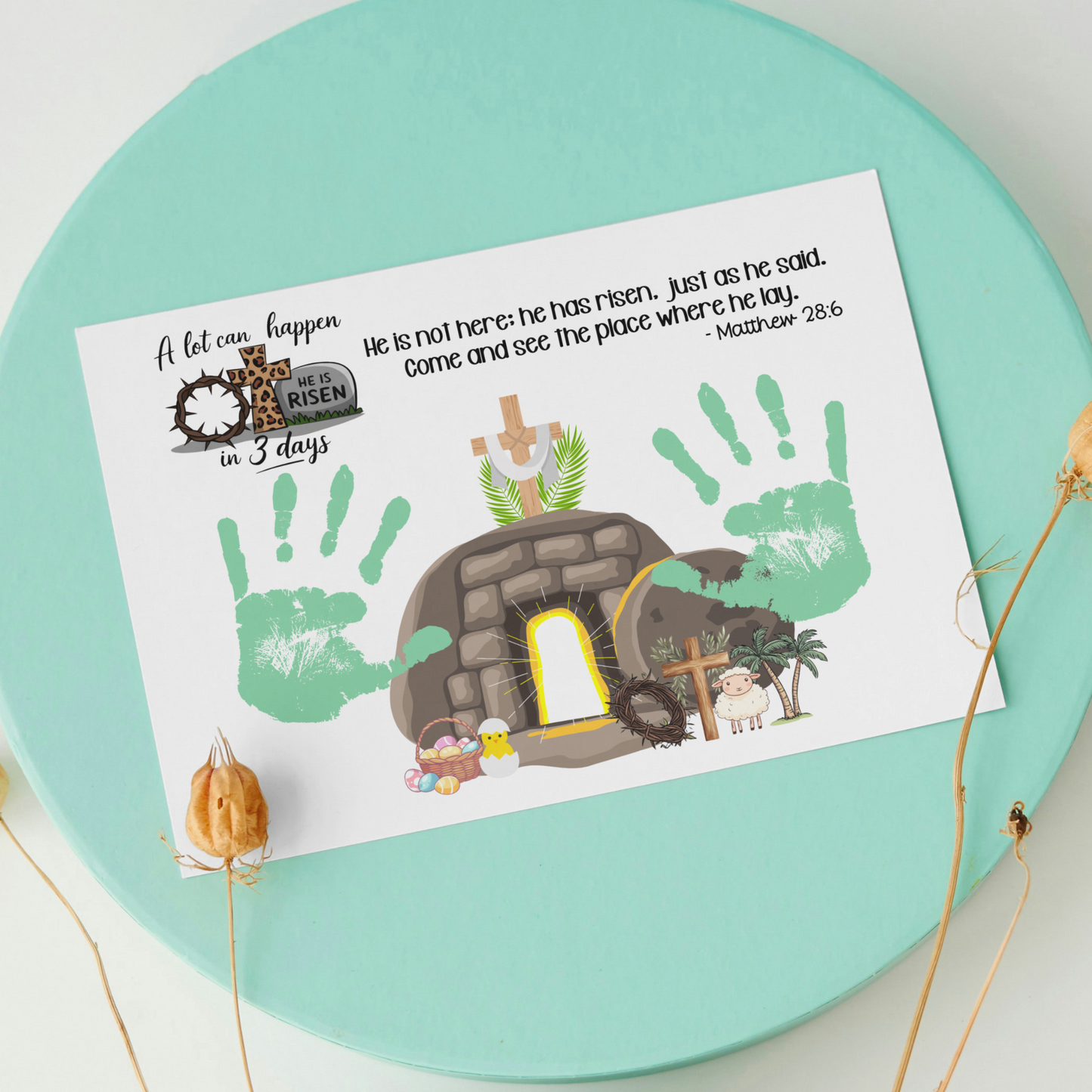 He Is Risen Christian Easter Handprint Craft Printable Jesus DIY Art for Kids Sunday School Preschool Toddler Activity