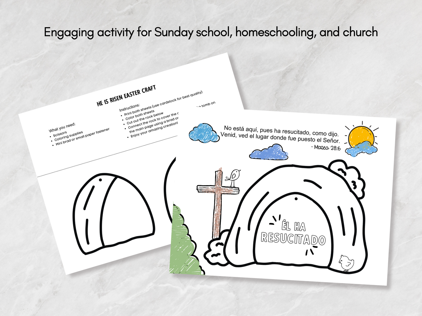 Spanish He is Risen Easter Coloring Craft Printable, Christian Religious Education For Kids Homeschool Activity Empty Tomb (Copy)