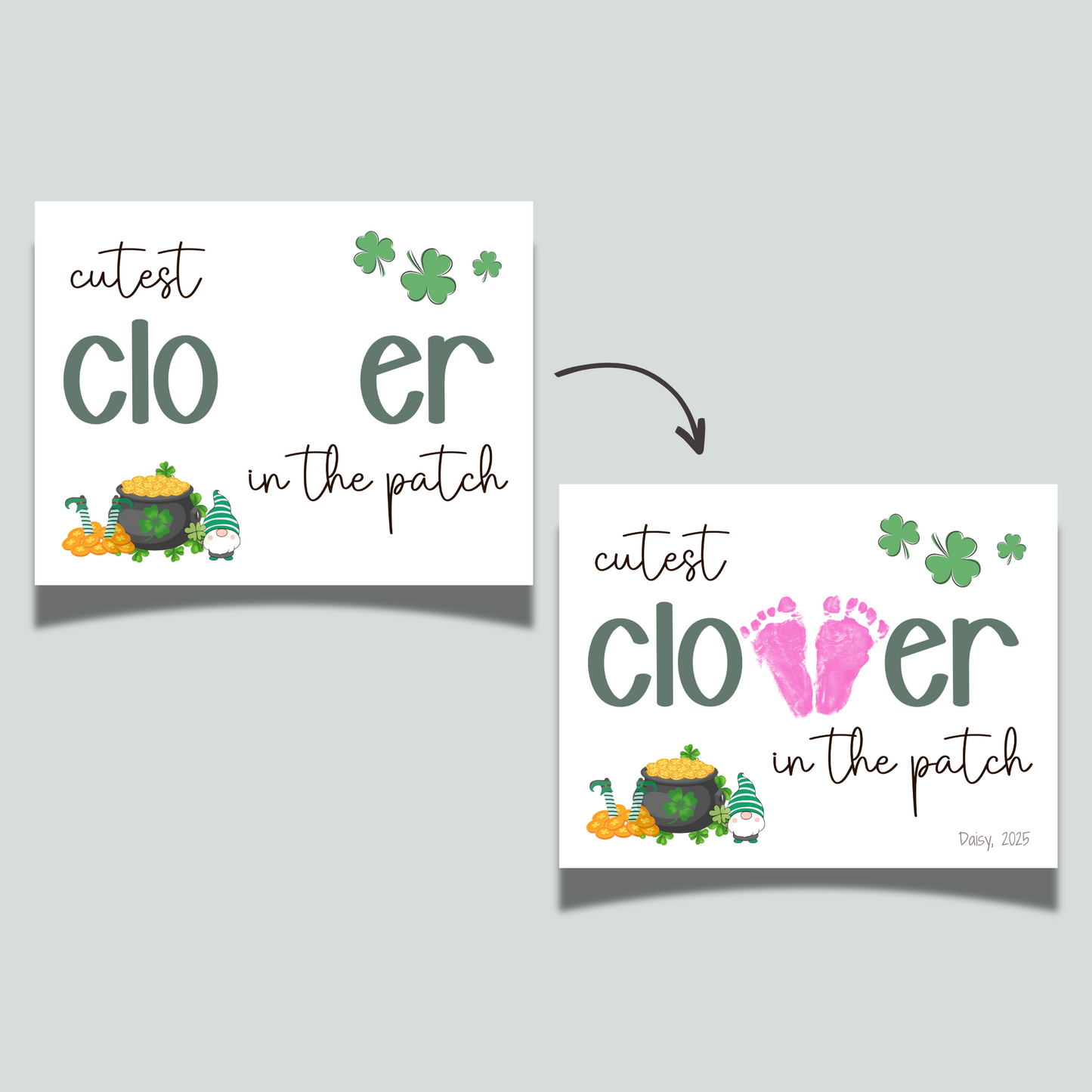 St Patricks Day Clover Footprint Craft Printable Shamrock Art Keepsake for Kids Baby Toddler Nursery Activity Preschool Daycare Kindergarten