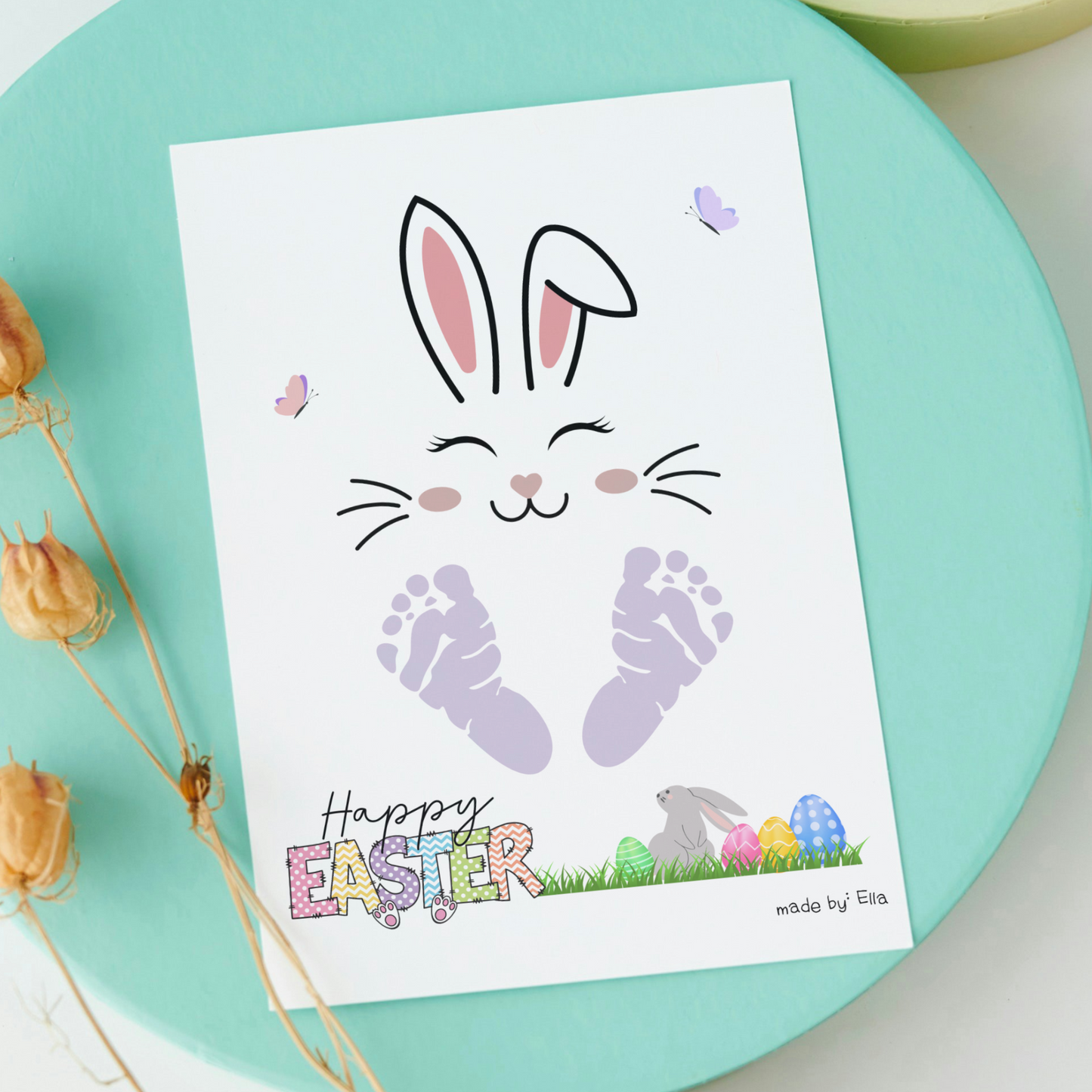 Happy Easter Bunny Footprint Craft for Kids Printable, DIY Handprint Art Keepsake Activity Baby Toddler Preschool Pre-K