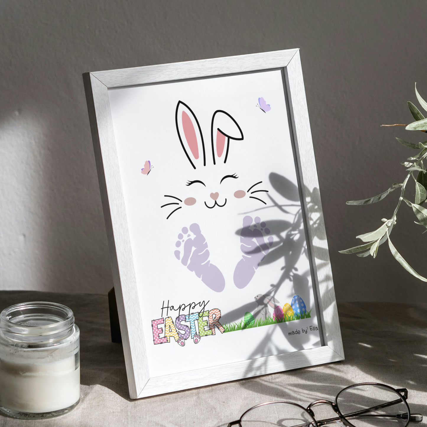 Happy Easter Bunny Footprint Craft for Kids Printable, DIY Handprint Art Keepsake Activity Baby Toddler Preschool Pre-K