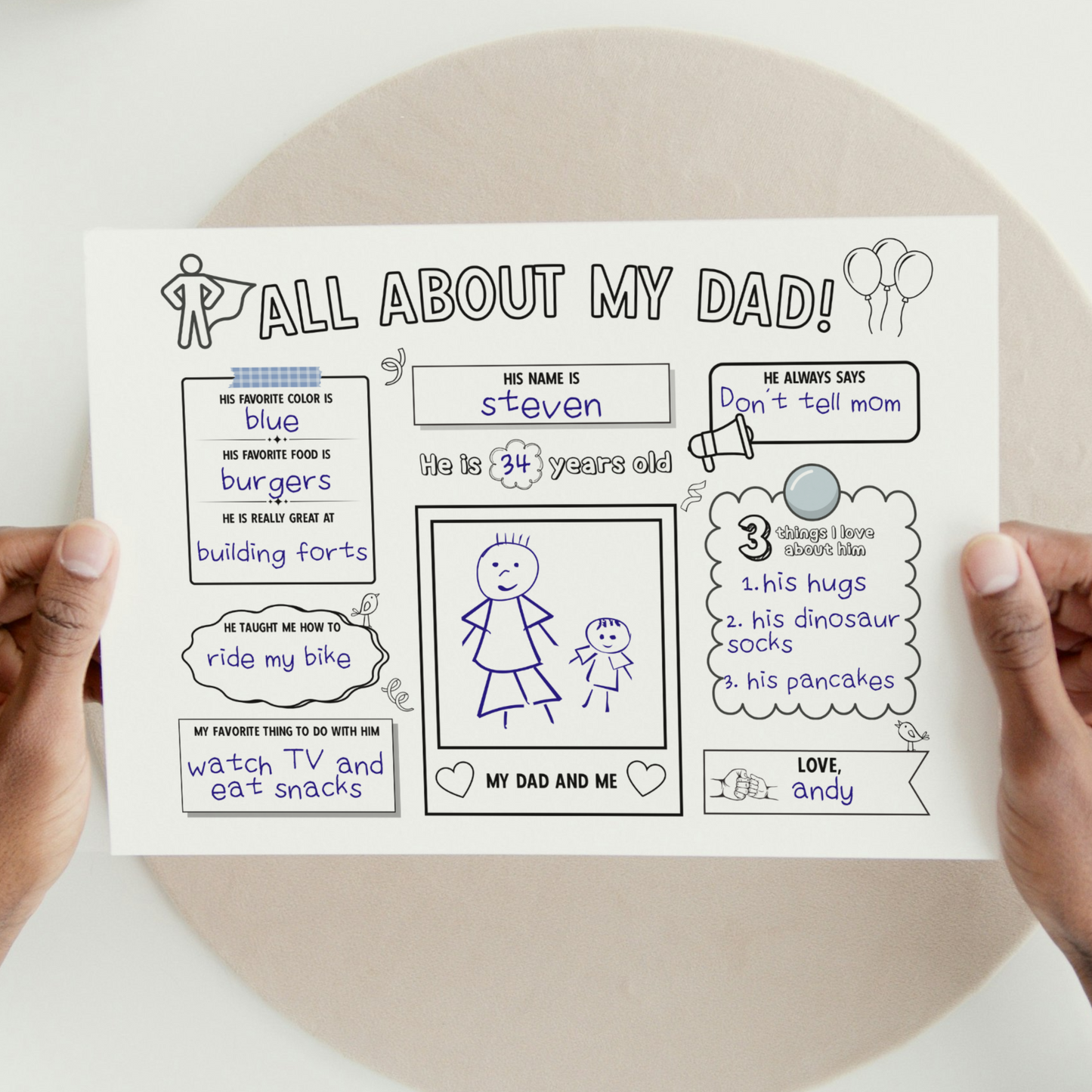 All About My Dad Survey Printable, Fathers Day Card Questionnaire Gift Ideas Personalized Keepsake