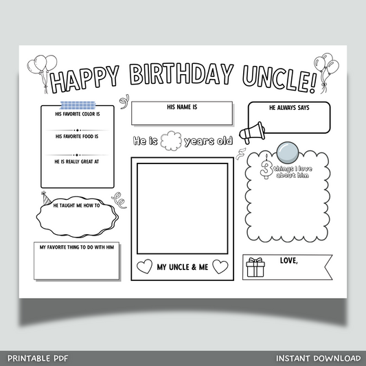 Happy Birthday Uncle Coloring Page Printable, DIY Gift from Kids Appreciation Card