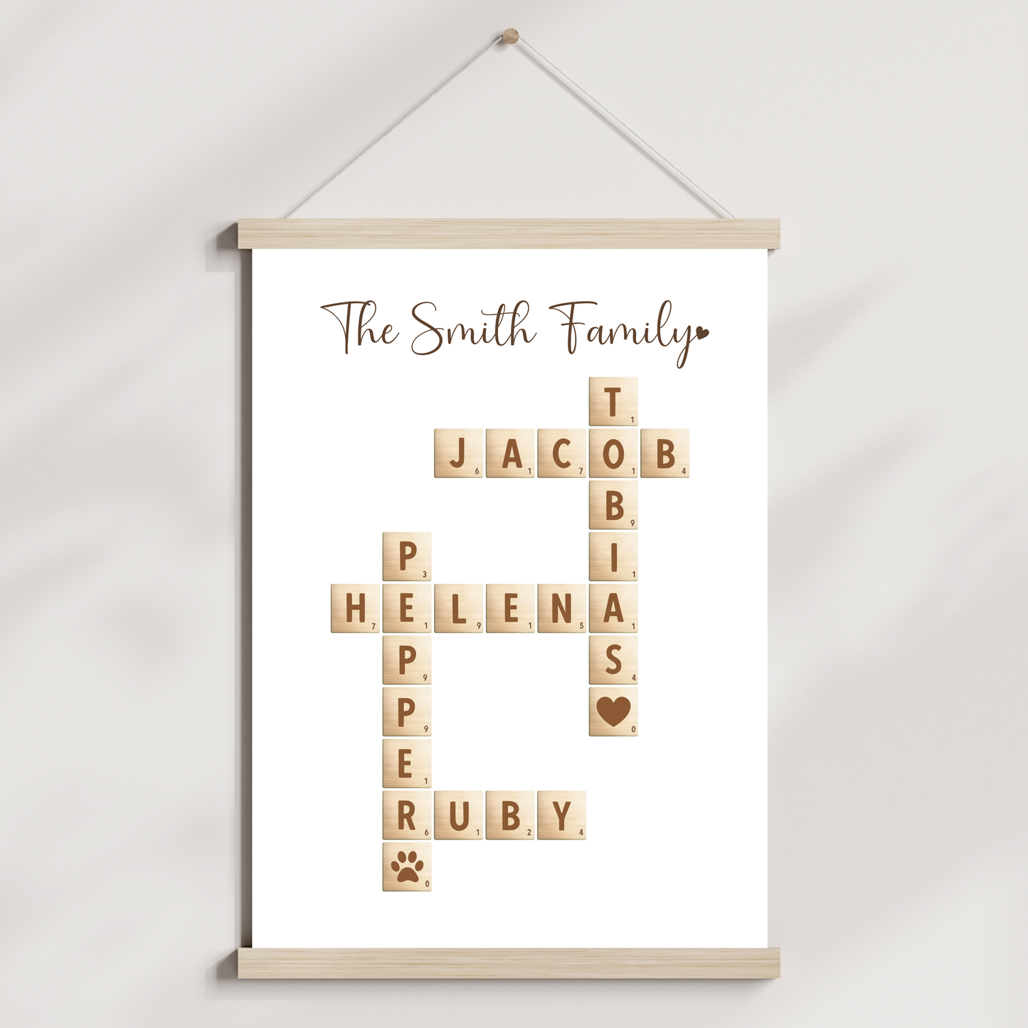 Custom Family Name Sign Printable, Personalized Crossword Scrabble Letter Tile Puzzle Gift