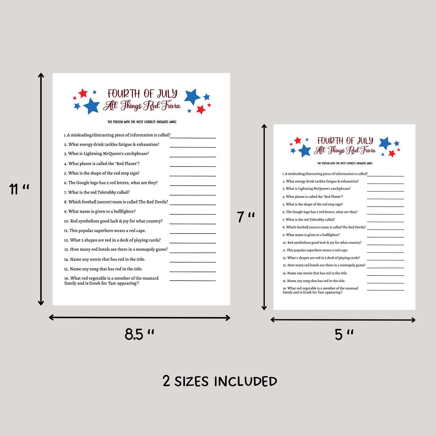 4th of July All Things Red Trivia Game Printable, Family Activity Adults & Kids