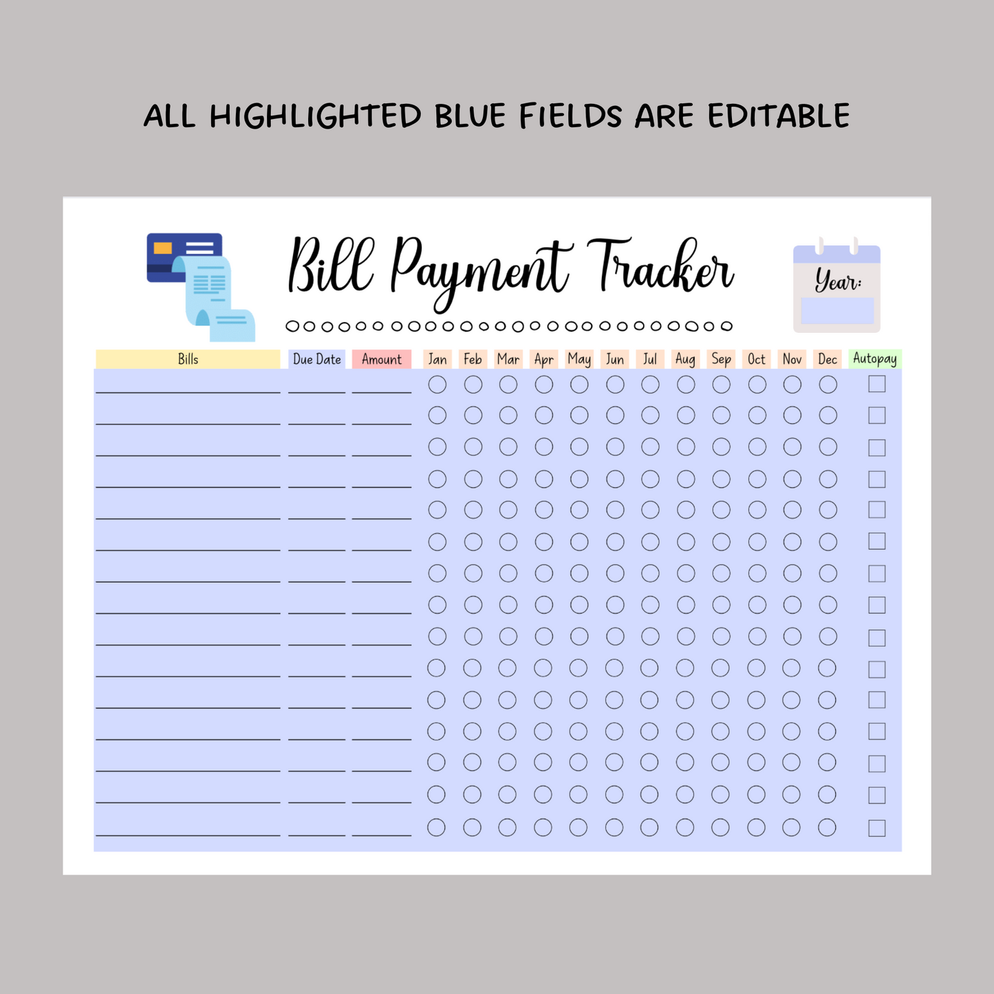 Editable Yearly Bill Tracker, Printable Monthly Bill Planner Payment Log