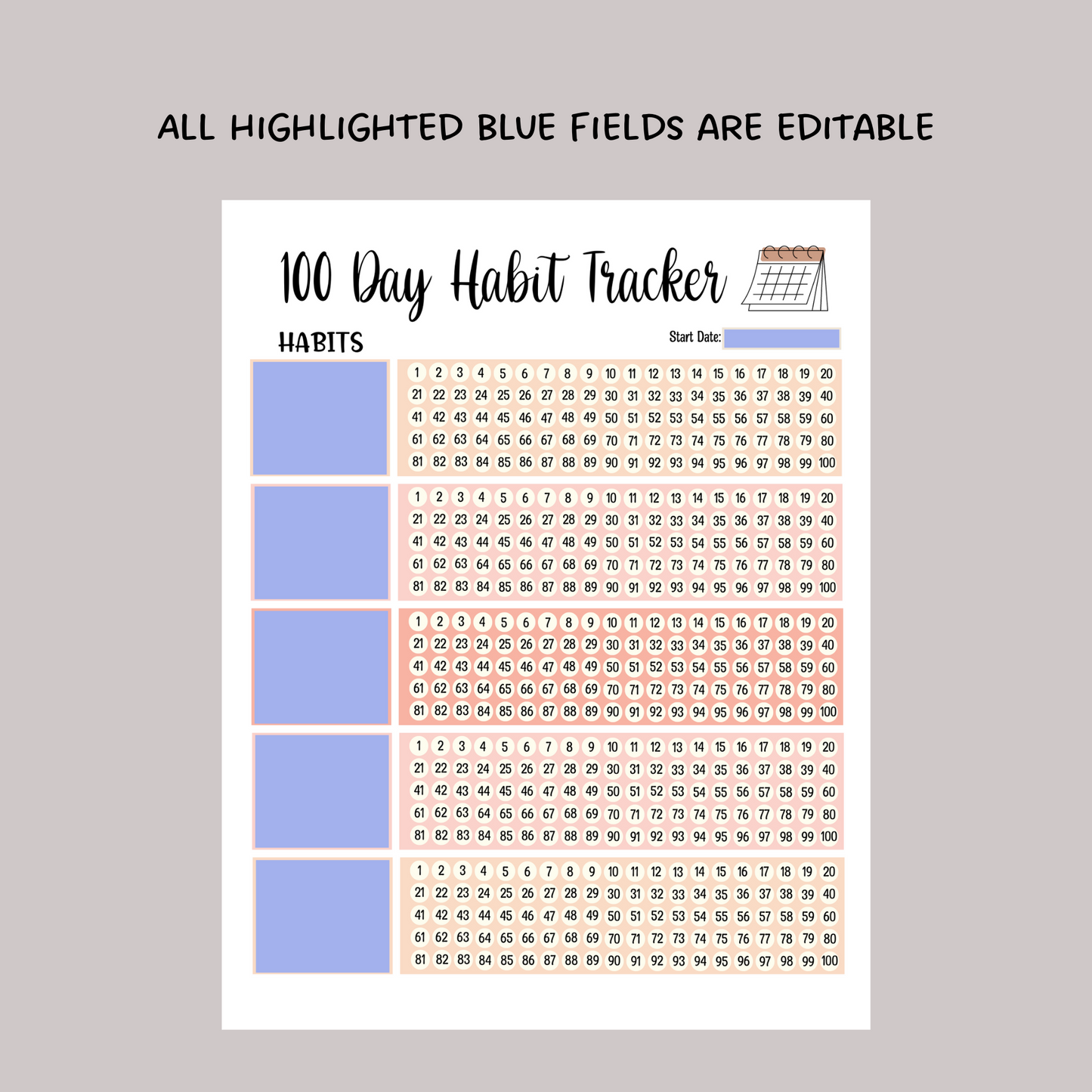 Habit Tracker Editable & Printable, Daily Habit Chart, Goal Planner Log