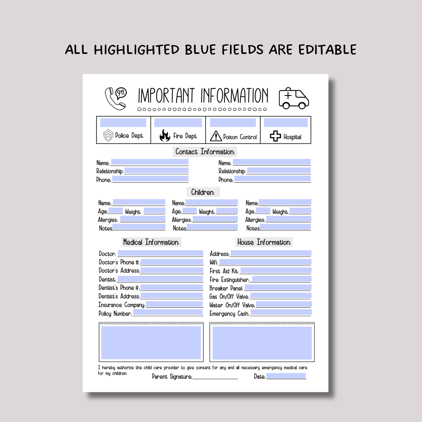 Emergency Contact Information Sheet Editable, Babysitter Info Sheet Printable