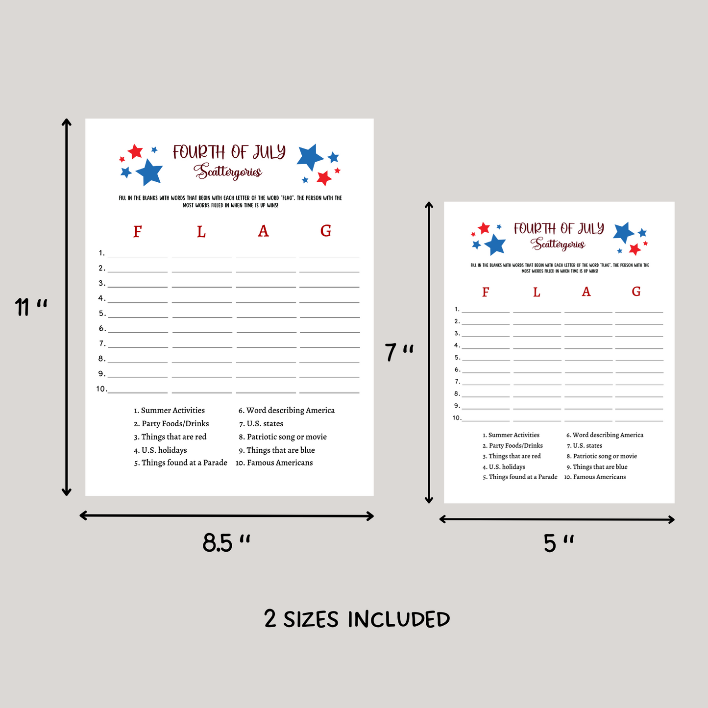 4th of July Scattergories Game Printable, Independence Day Family Activity Adults & Kids