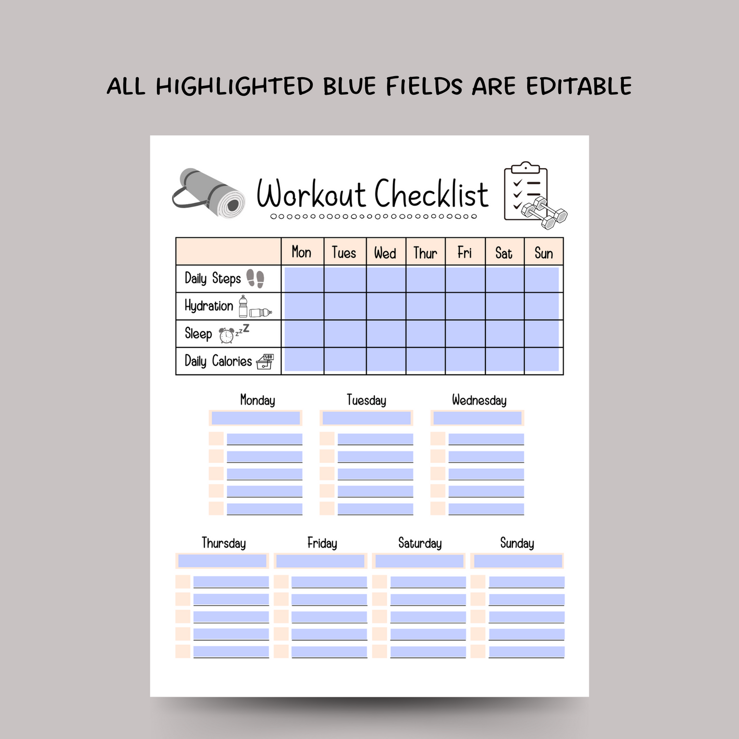 Editable Workout Checklist, Printable Daily Exercise Gym Log Planner