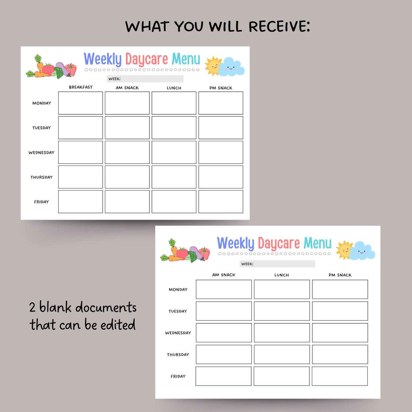 Daycare Weekly Menu Printable, Editable Meal Planner