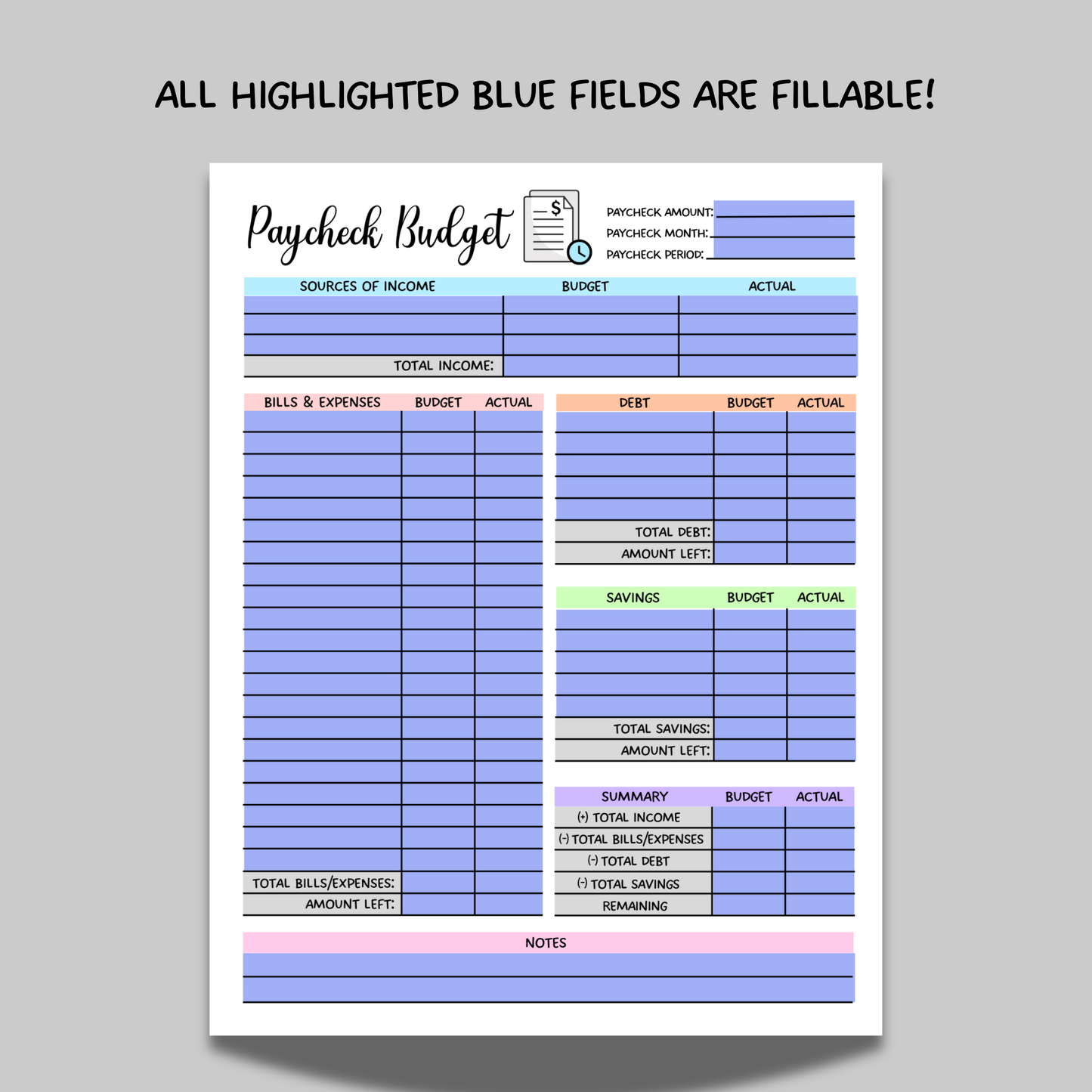 Paycheck Budget Overview Planner Printable, Minimalist Budget Tracker