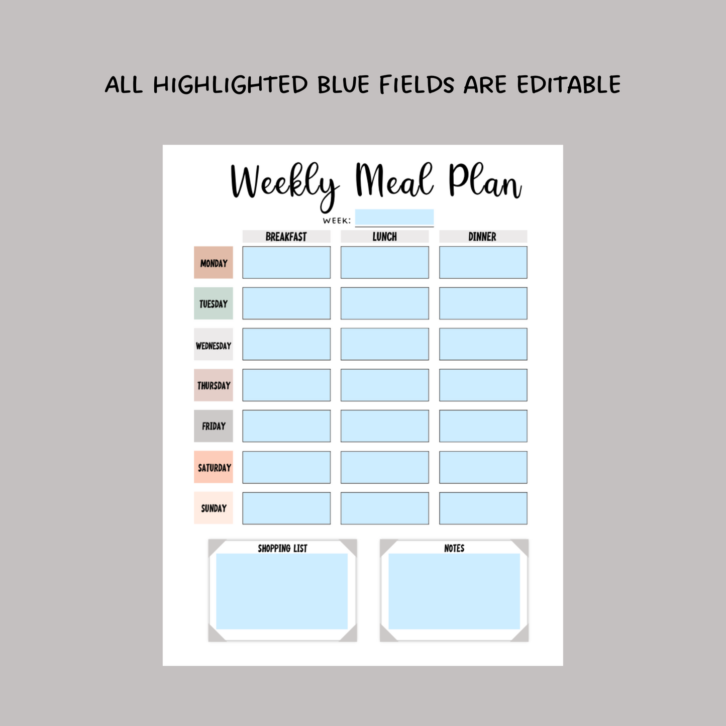 Printable Weekly Meal Planner, Editable Family Menu Digital Planner