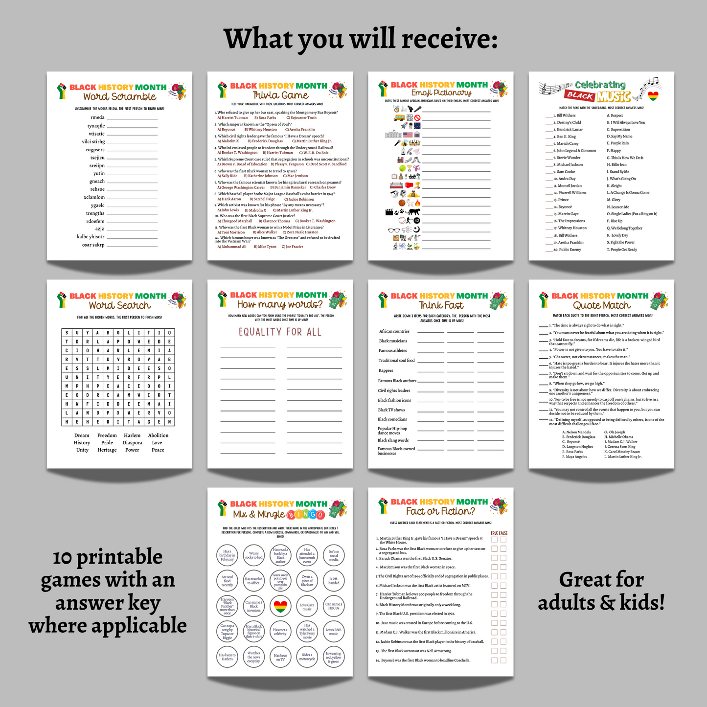 Black History Month Games Printable, Historical African American Celebration Trivia Quiz Party Activity for Adults Kids Senior