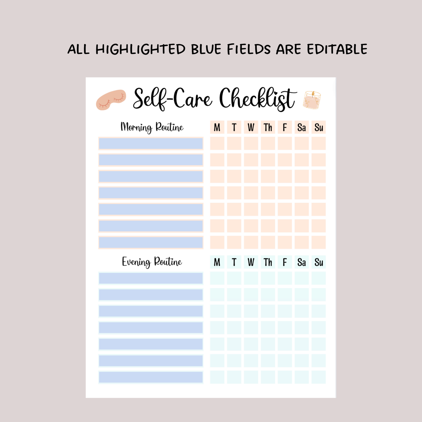 Self Care Checklist Printable Digital Planner, Daily Wellness Planner