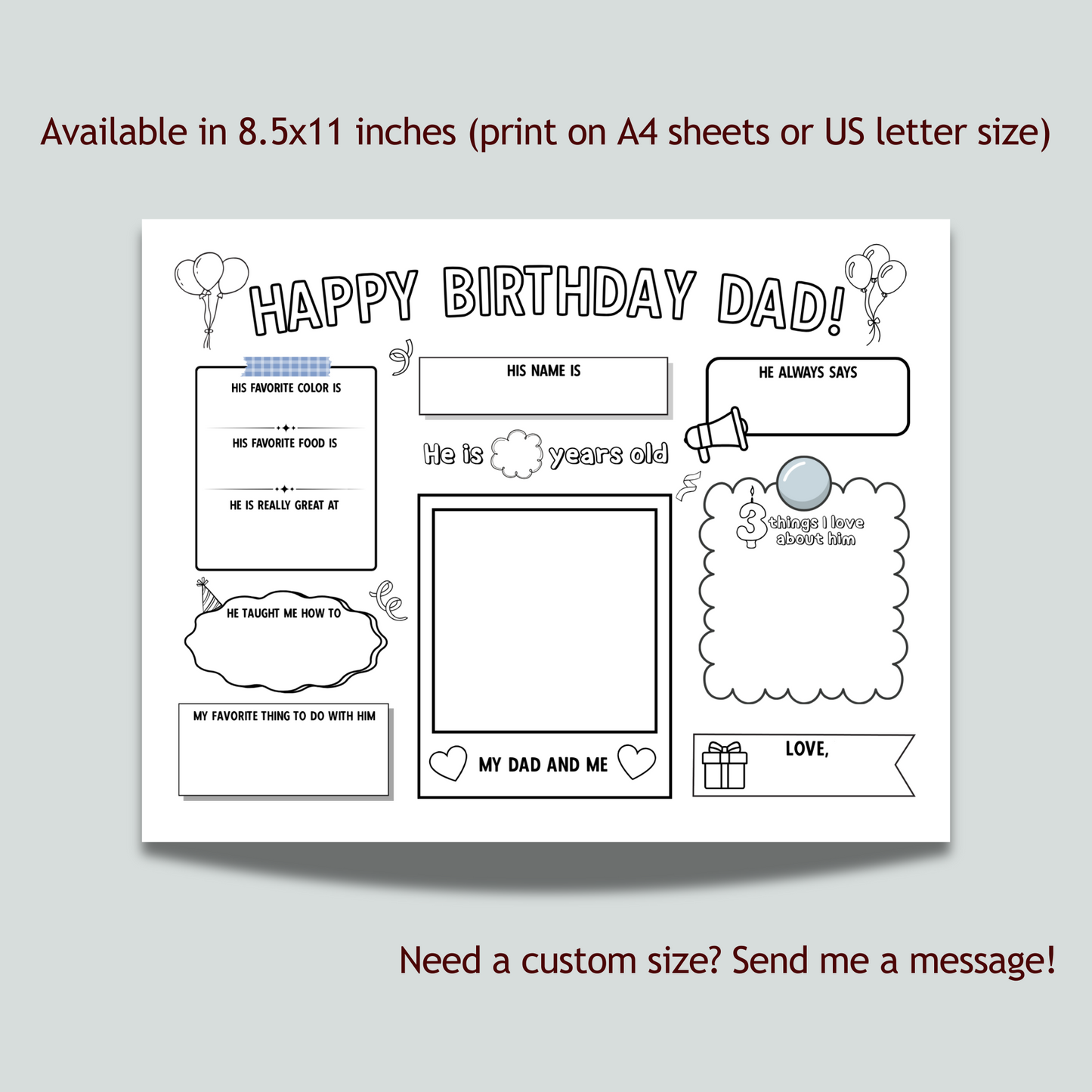 Happy Birthday Dad Coloring Page Printable, DIY Personalized Gift from Kids All About Daddy Card Placemat Activity Sheet Father