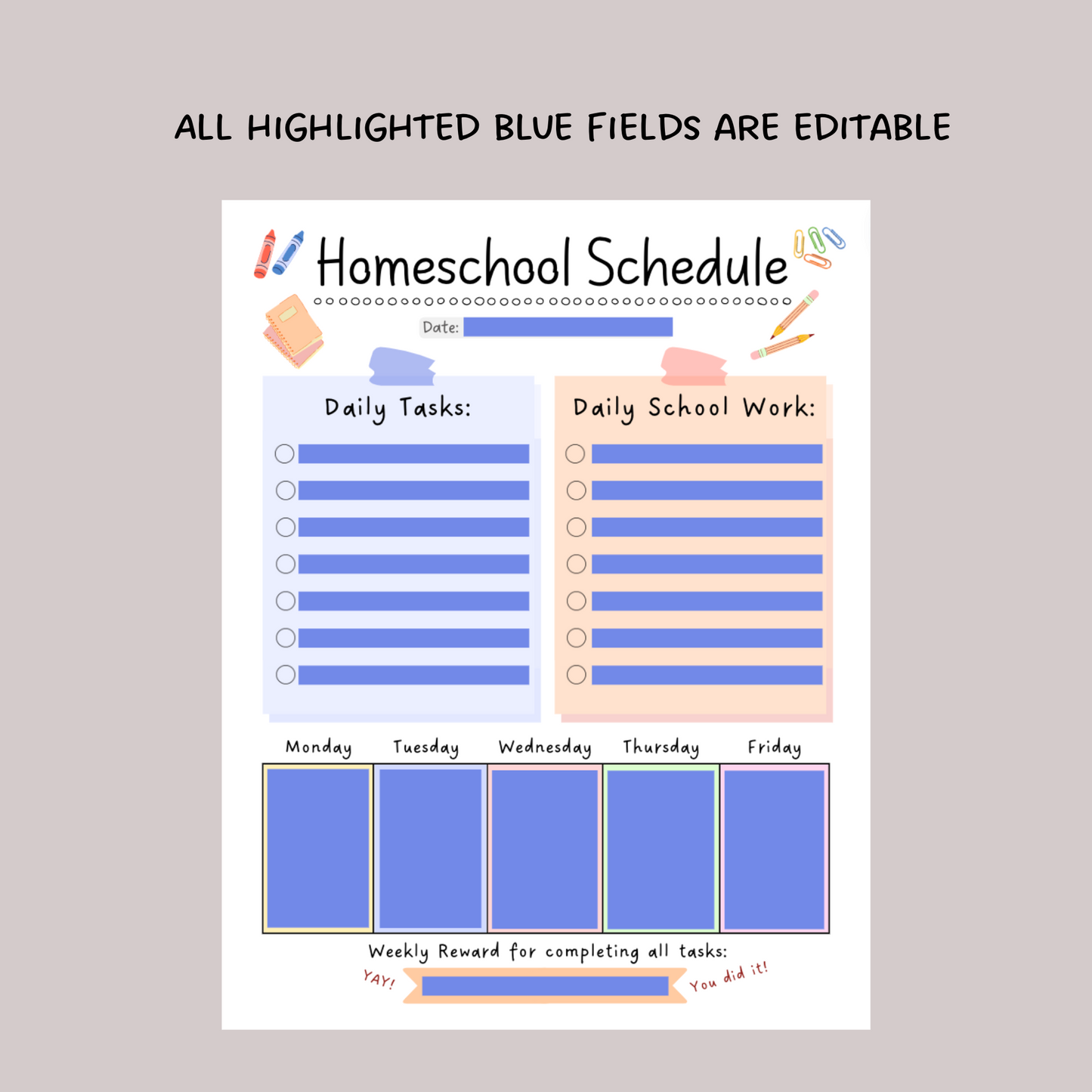 Editable Homeschool Schedule Printable For Kids, Preschool Lesson Planner