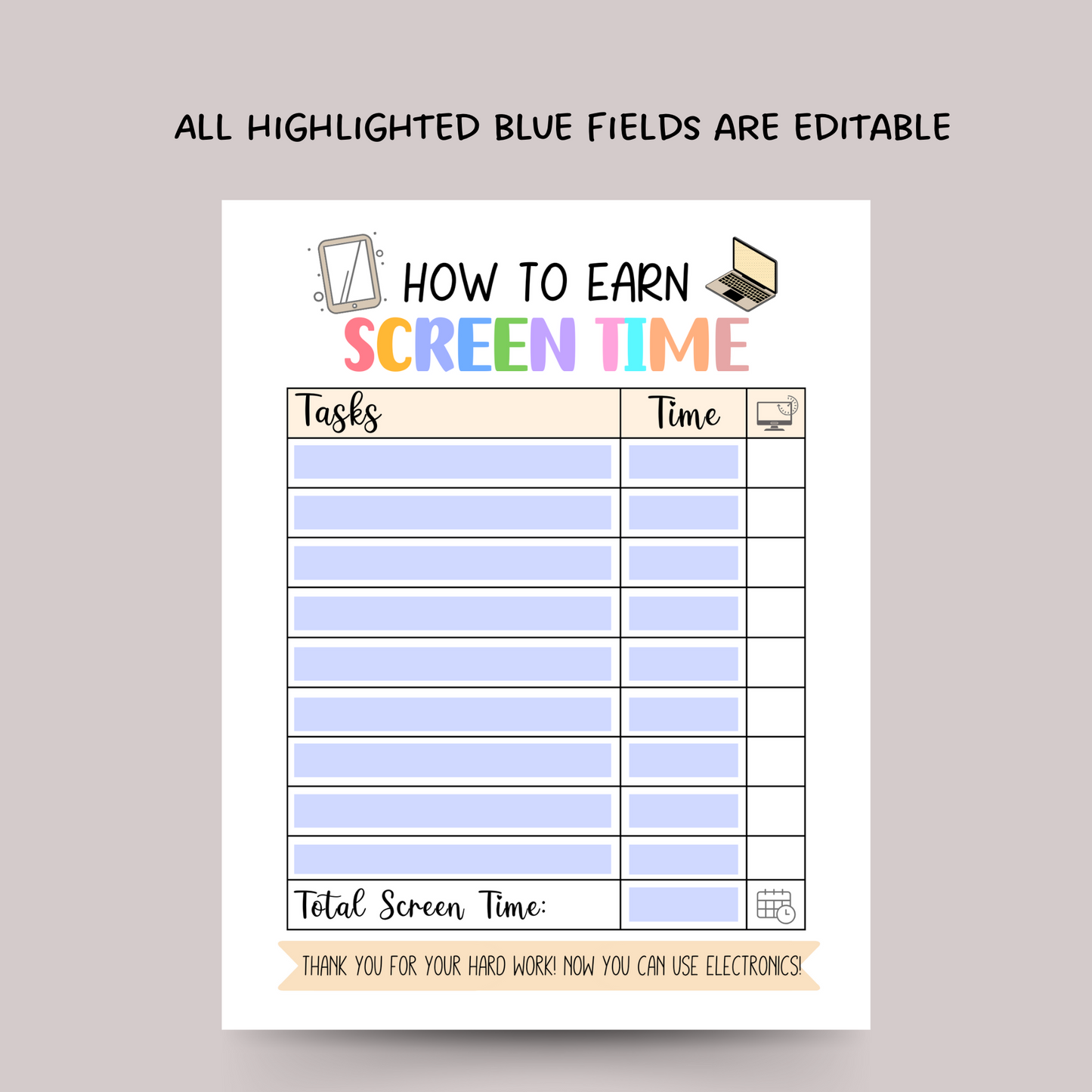 Screentime Chart Checklist Kids Printable, Editable Chore Chart Tracker