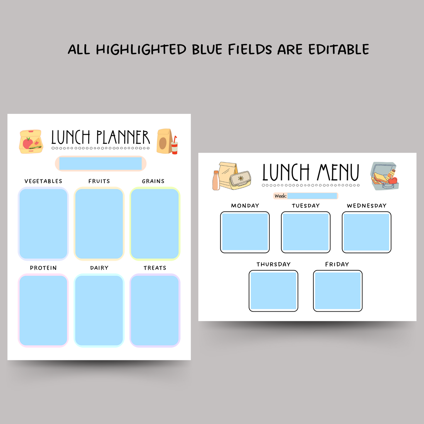 School Lunch Meal Planner Printable, Editable Lunch Menu Kids