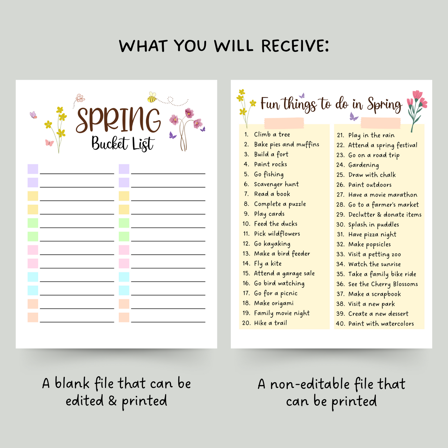 Editable Spring Bucket List, Printable Spring Activities Kids & Adults