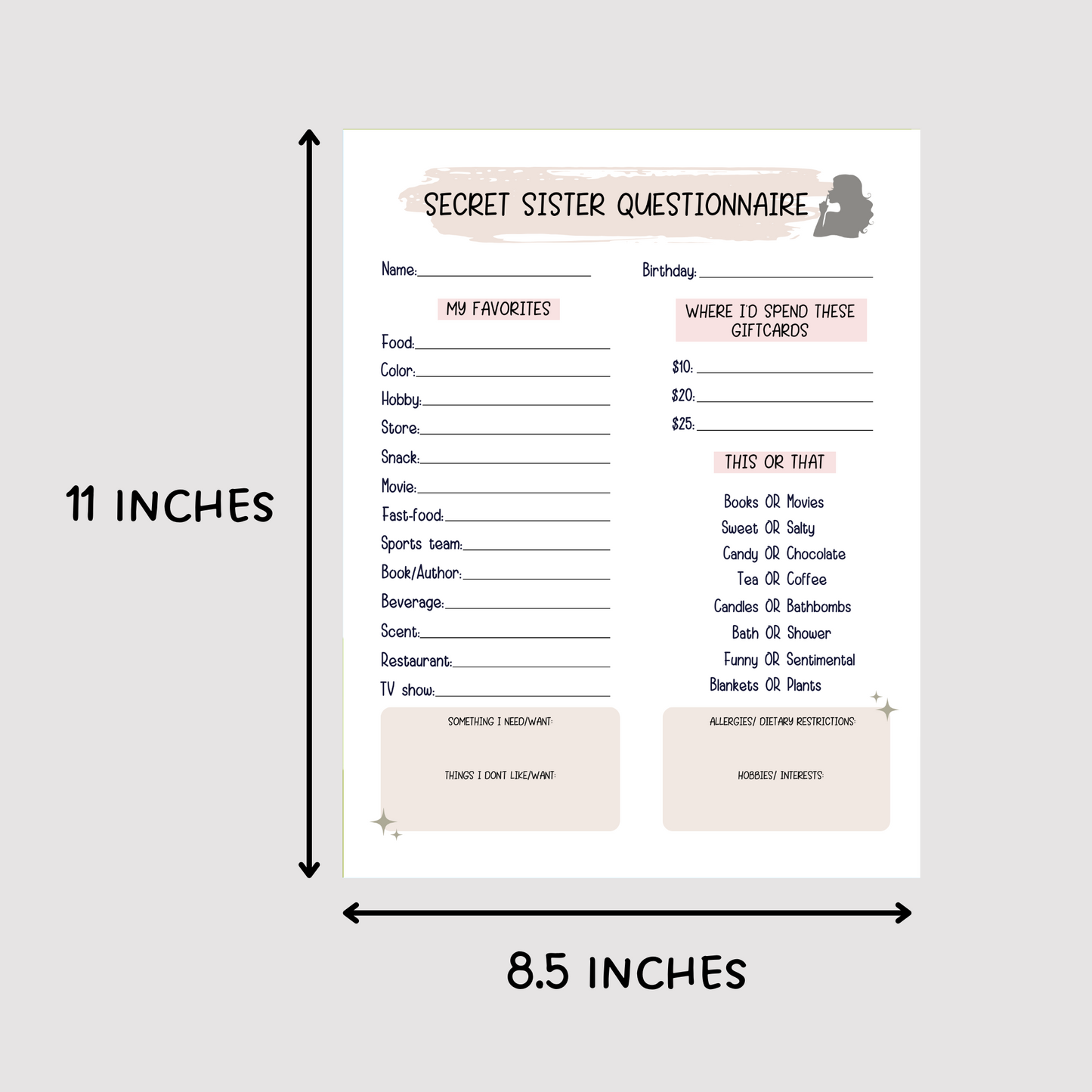 Secret Sister Questionnaire Printable, All About Me Survey